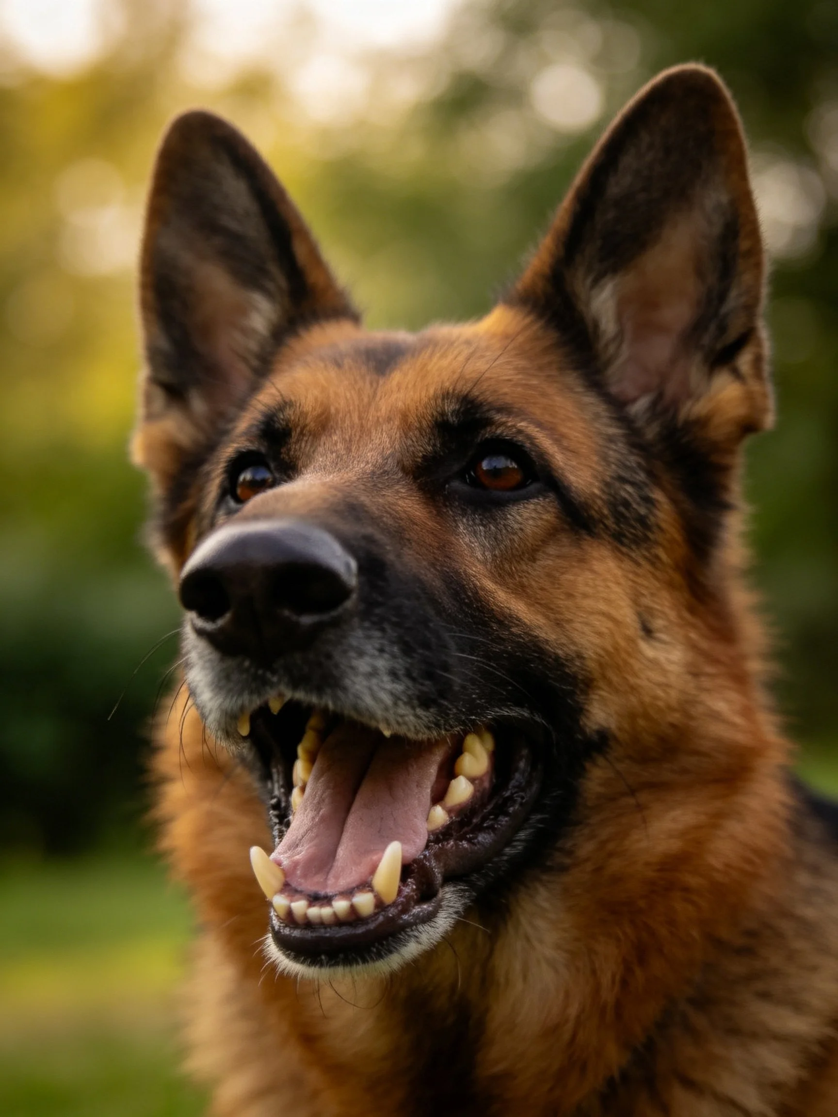 A German Shepherd dog displays its teeth with mouth open against a blurred natural backdrop.