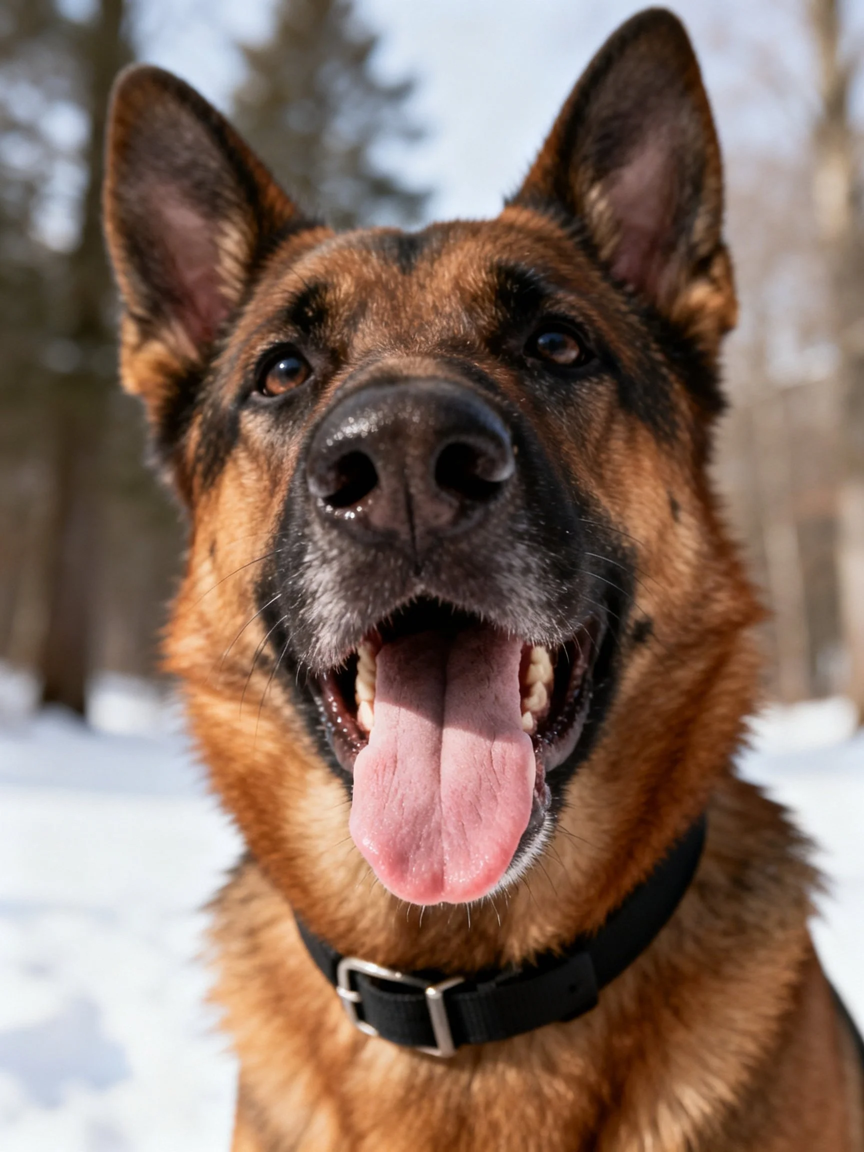 A German Shepherd dog stands joyfully in a snowy landscape with trees in the background.