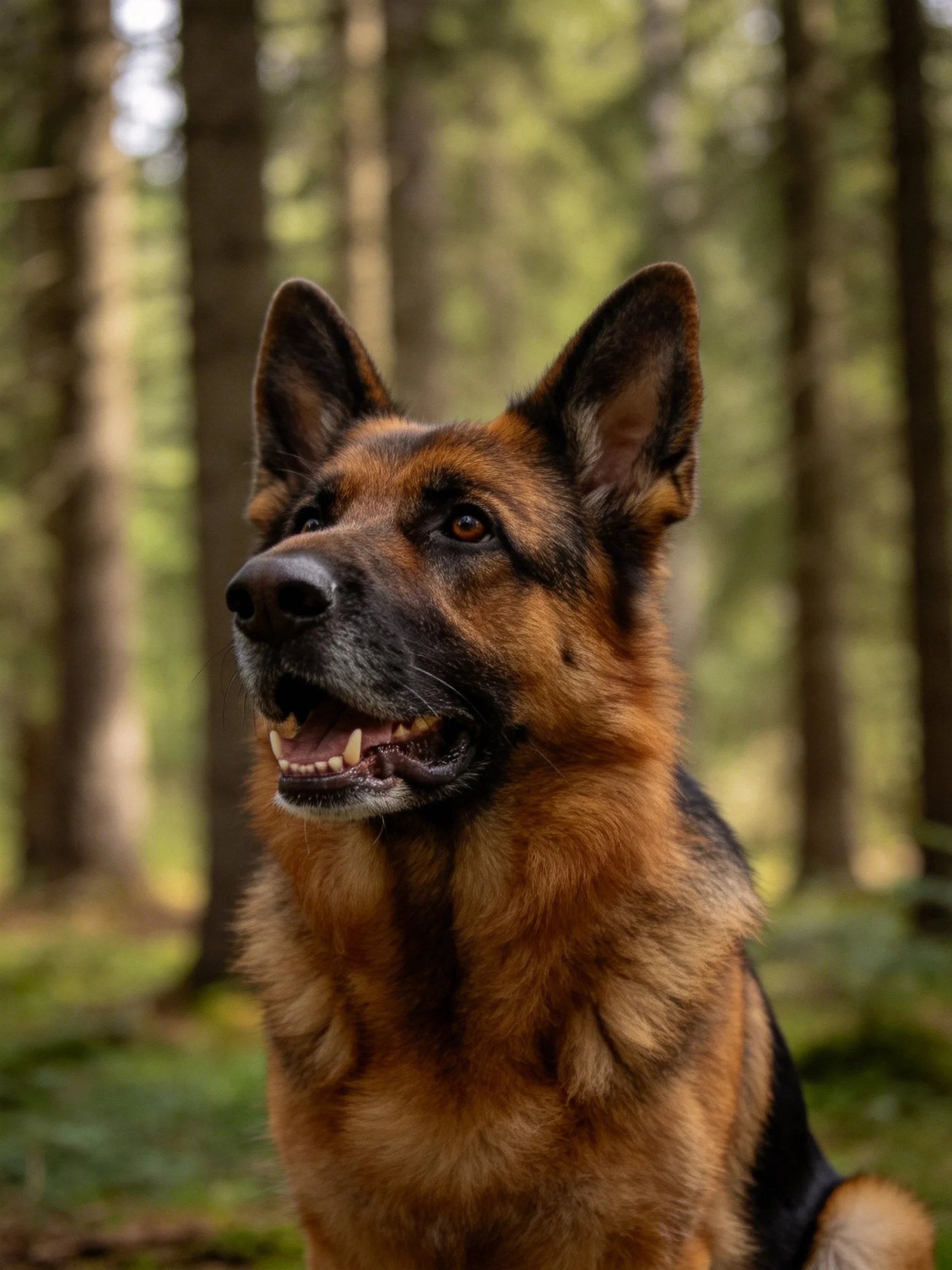 A German Shepherd dog sits attentively amid tall forest trees.