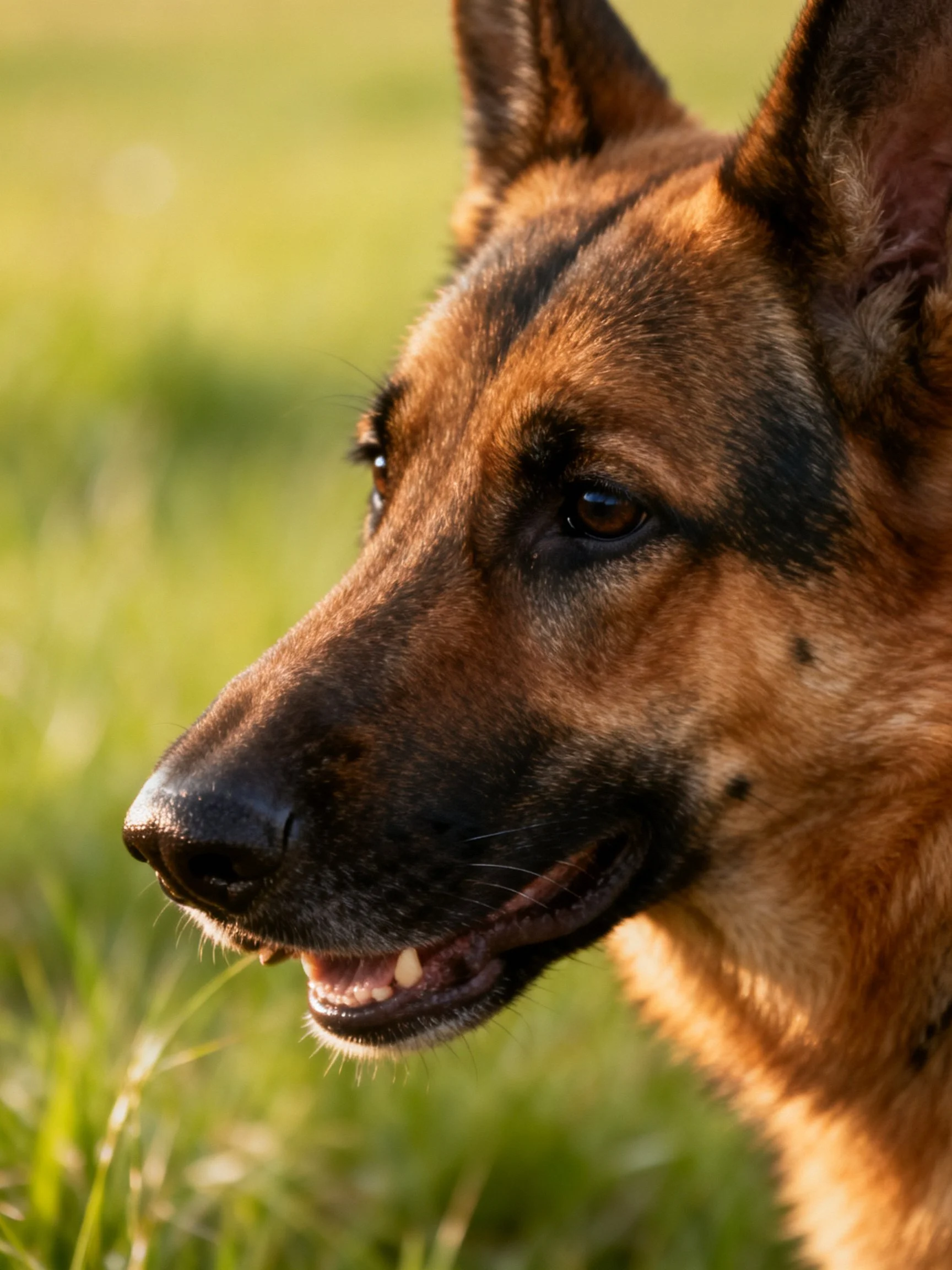 A German Shepherd dog with brown and black fur is in a sunlit grassy outdoor setting