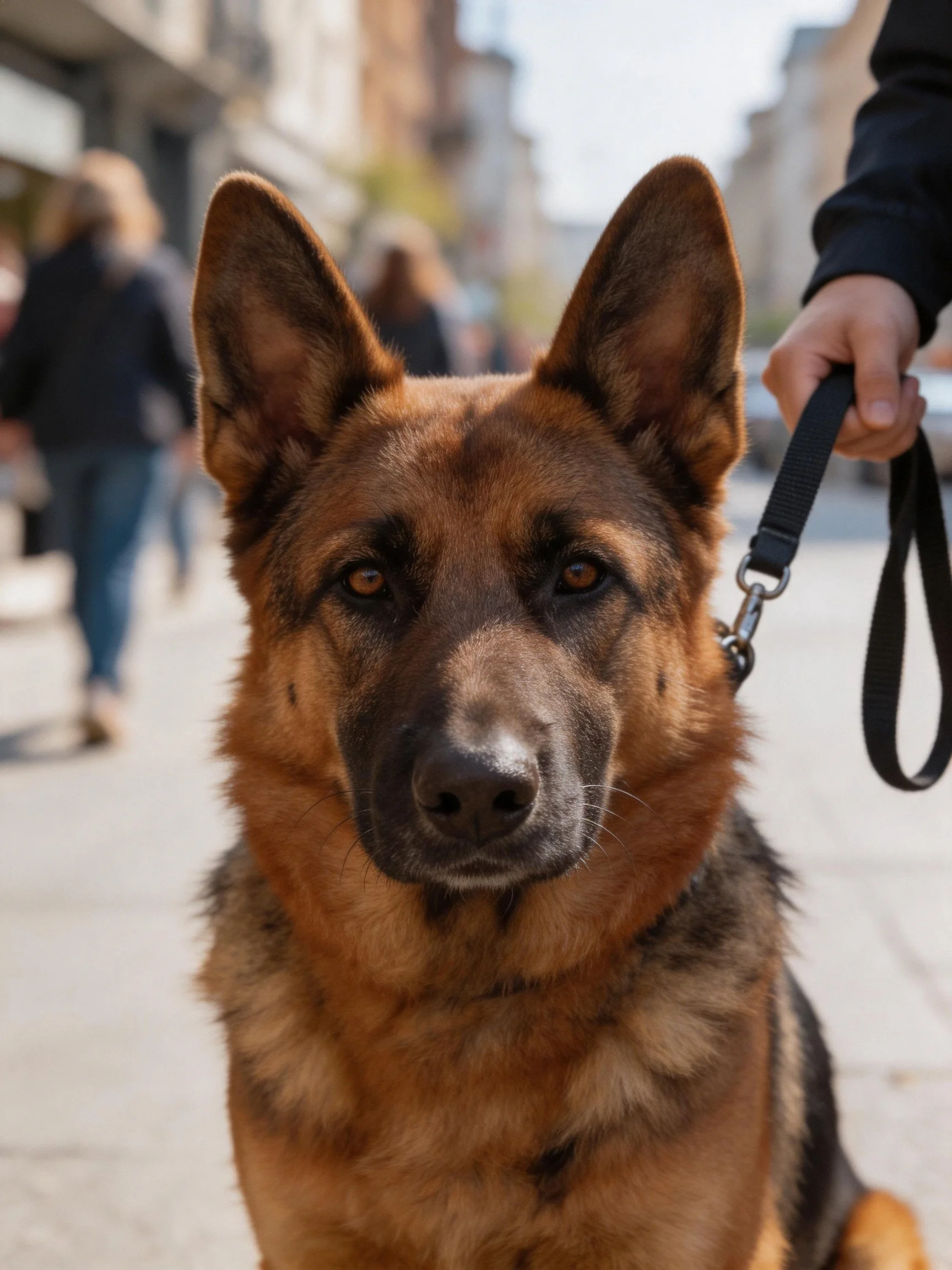 A German Shepherd dog sits on a city sidewalk with a person holding its leash