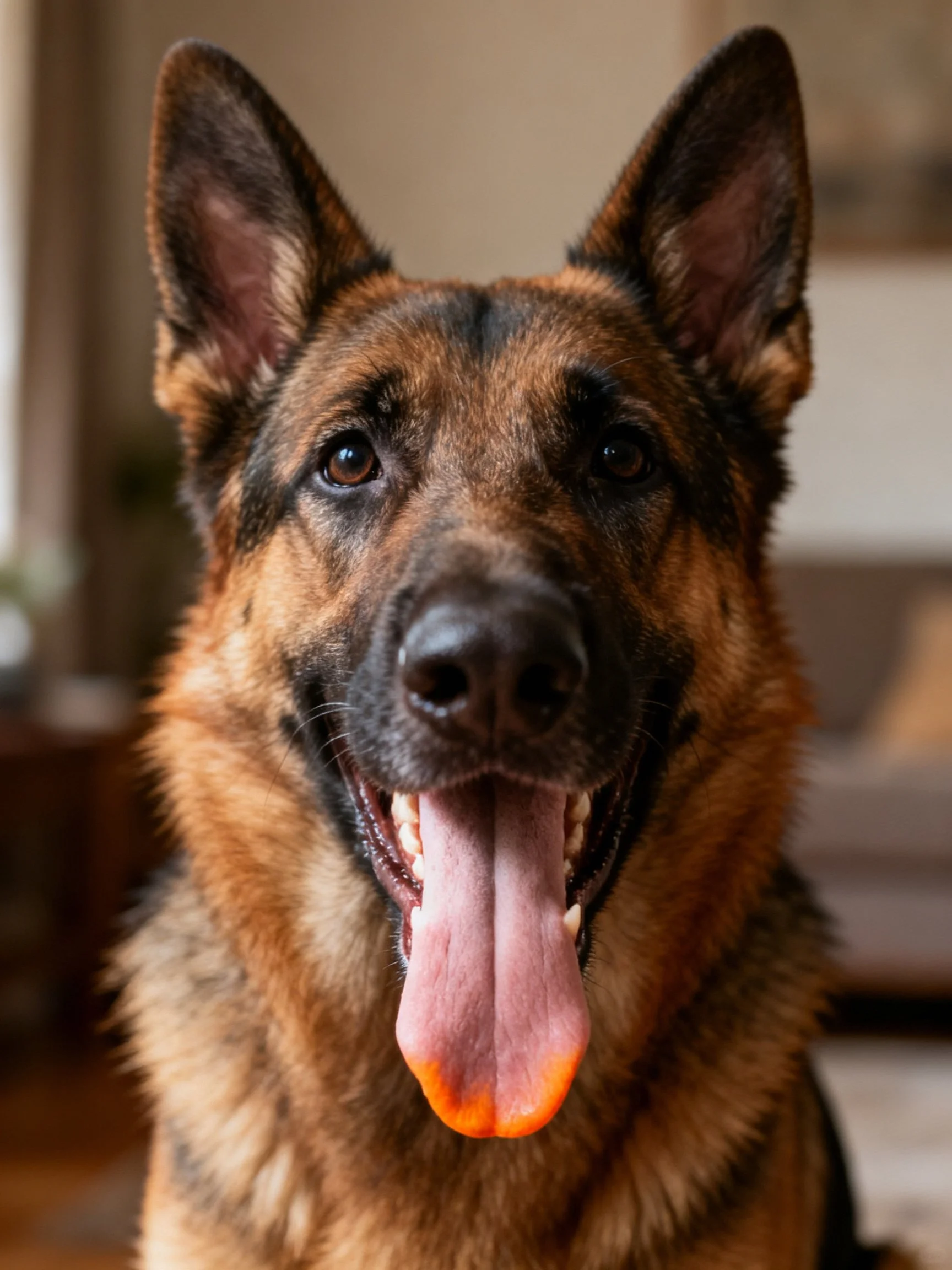 A German Shepherd dog with brown and black fur appears happy and relaxed.