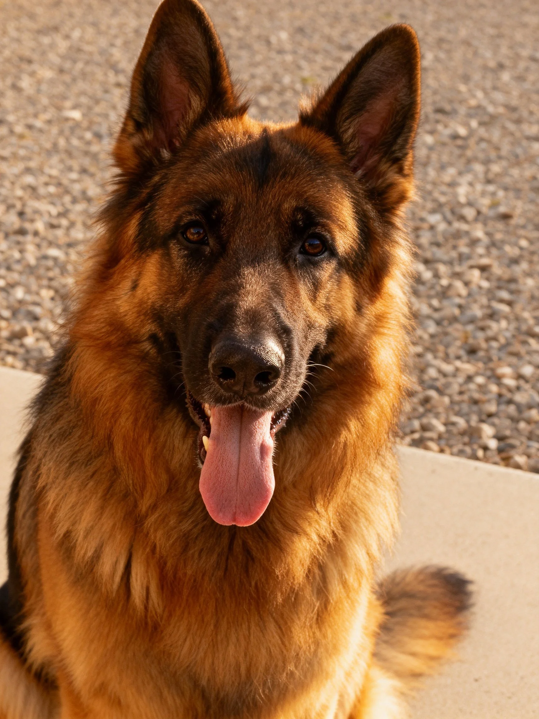 A German Shepherd dog with brown and black fur sits near a gravel area.