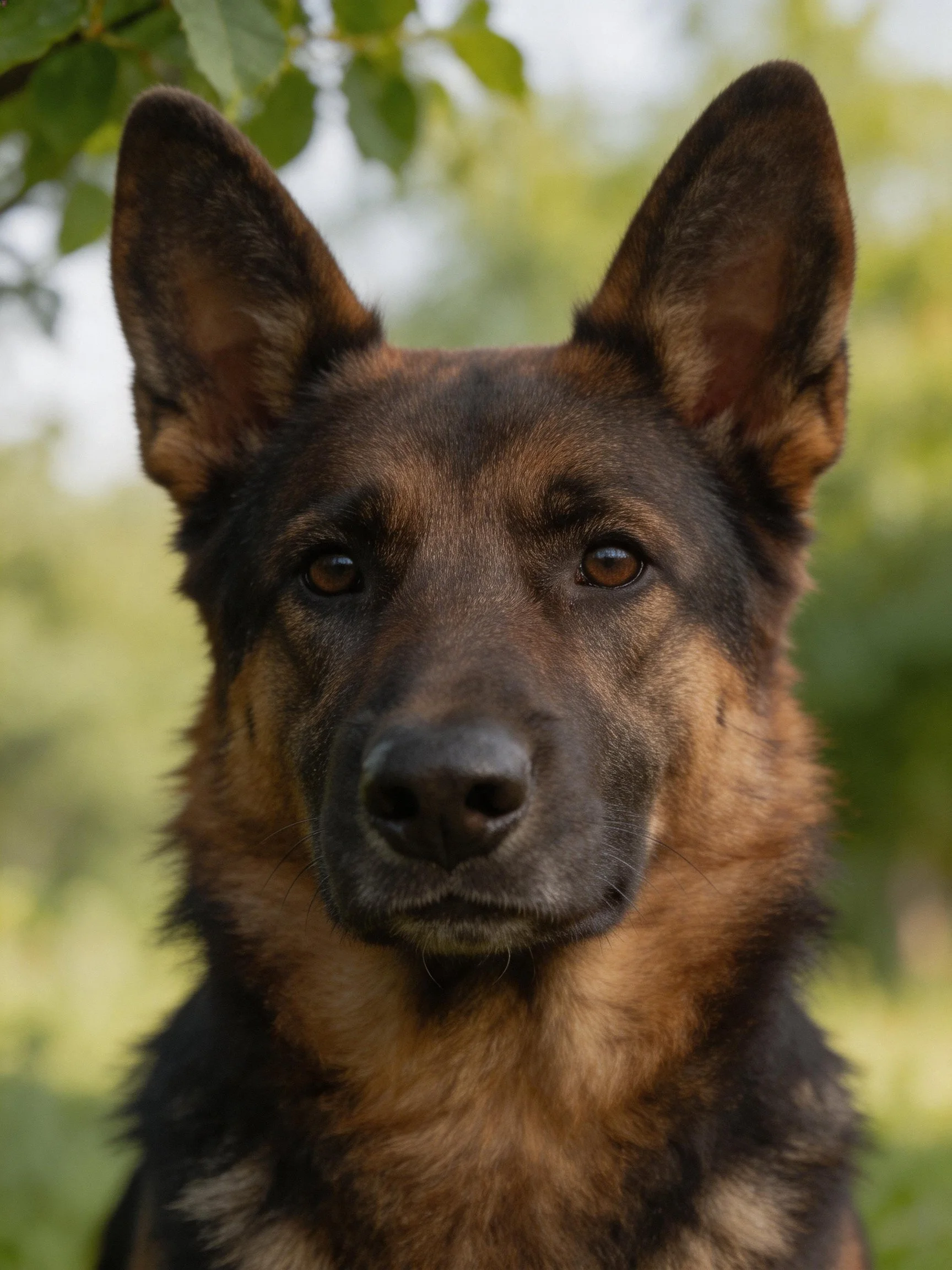 A German Shepherd dog is photographed outdoors with a blurred green backdrop.