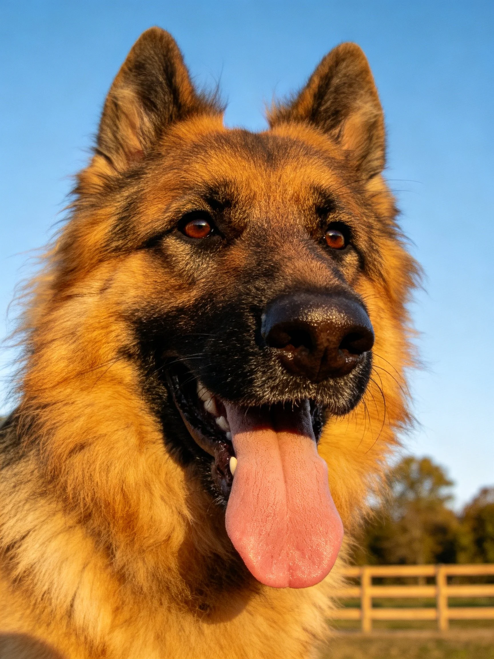A German Shepherd dog with golden fur and black facial markings stands outdoors under a clear blue sky.