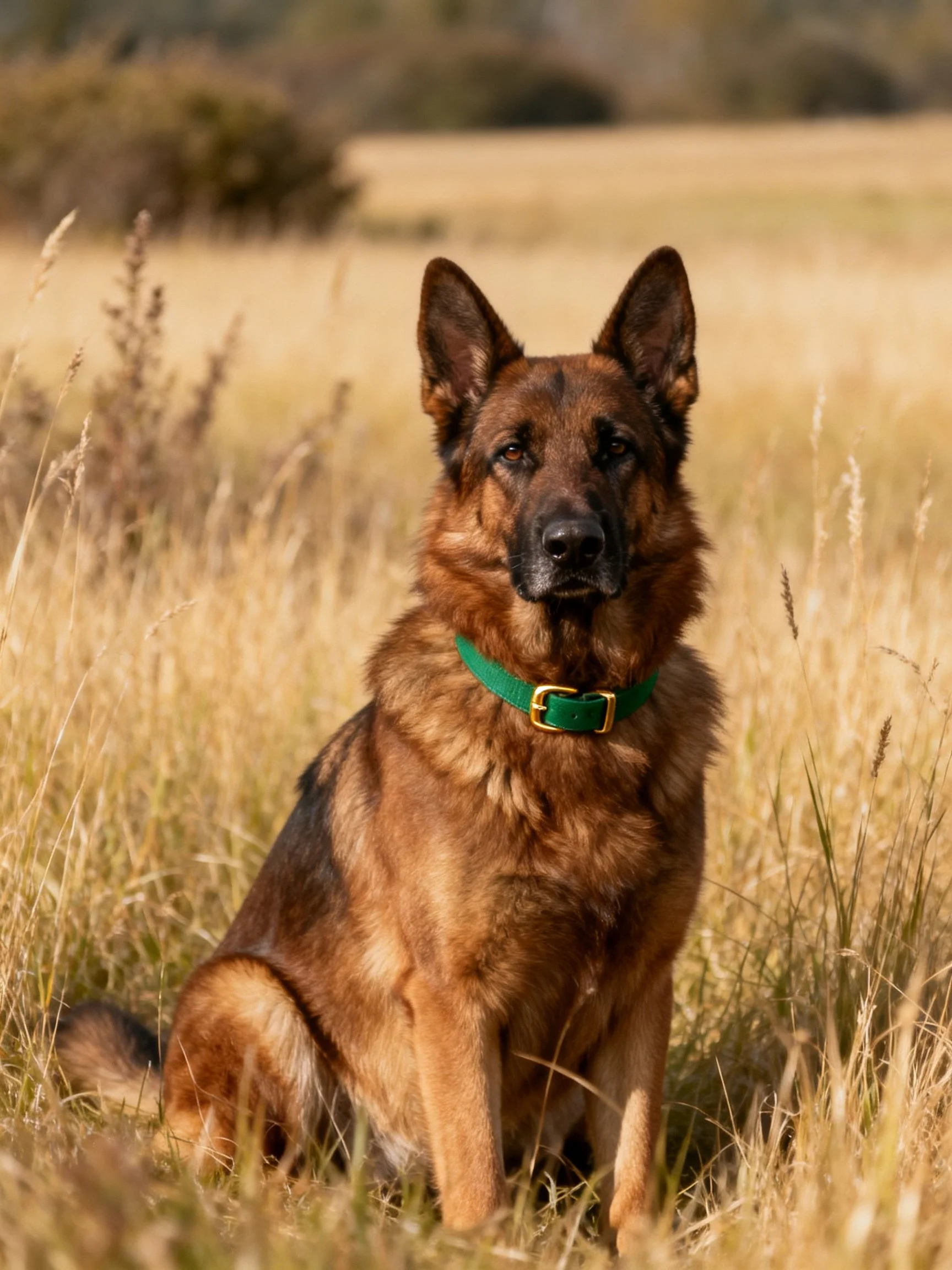 A German Shepherd dog with a green collar sits in a grassy field.
