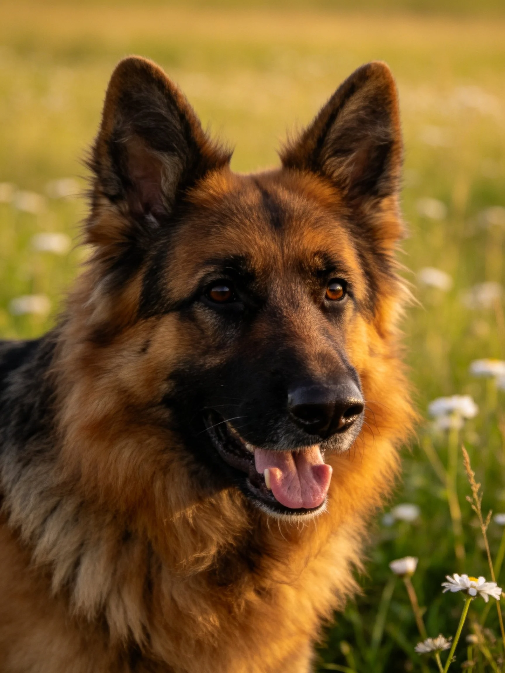 A German Shepherd dog stands in a sunlit meadow with white flowers.