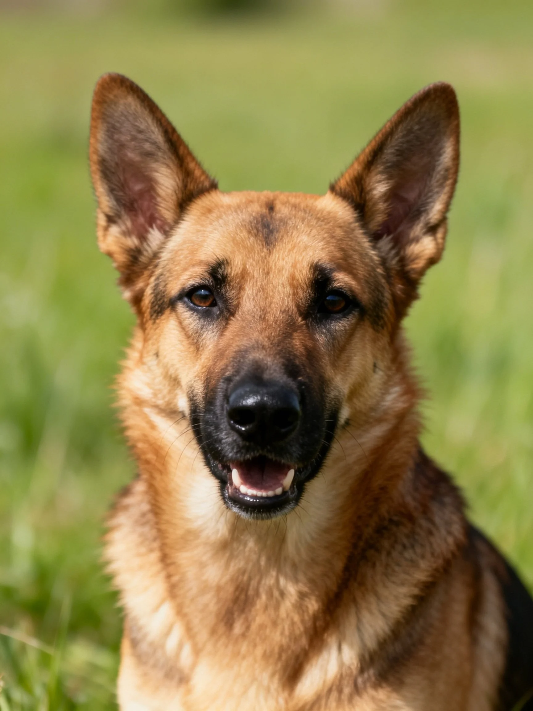 A German Shepherd dog sits calmly amidst a lush green outdoor environment.