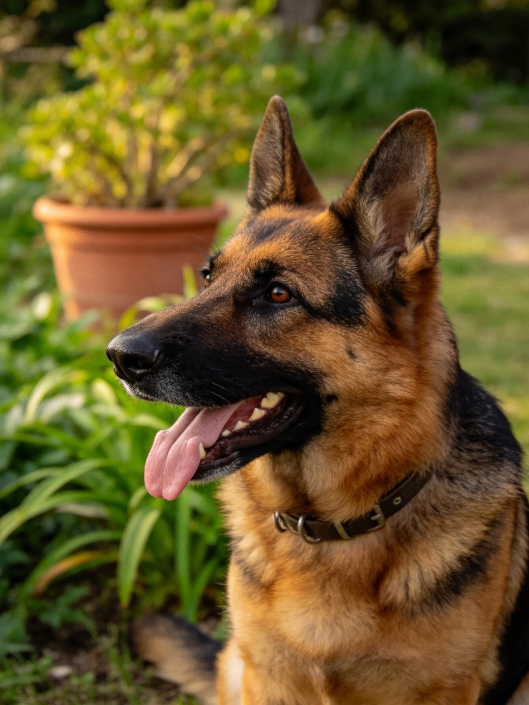 A German Shepherd dog sits in a sunlit garden with surrounding greenery.