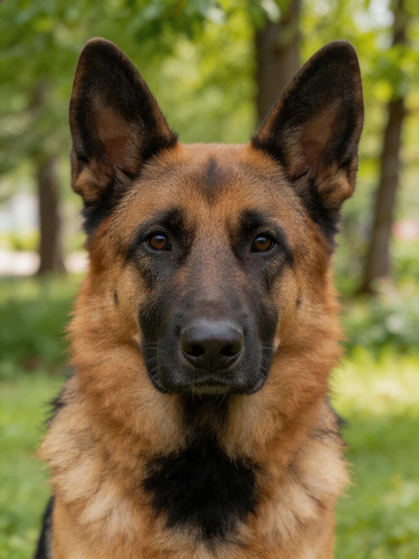 A German Shepherd dog stands in a green, park-like outdoor environment