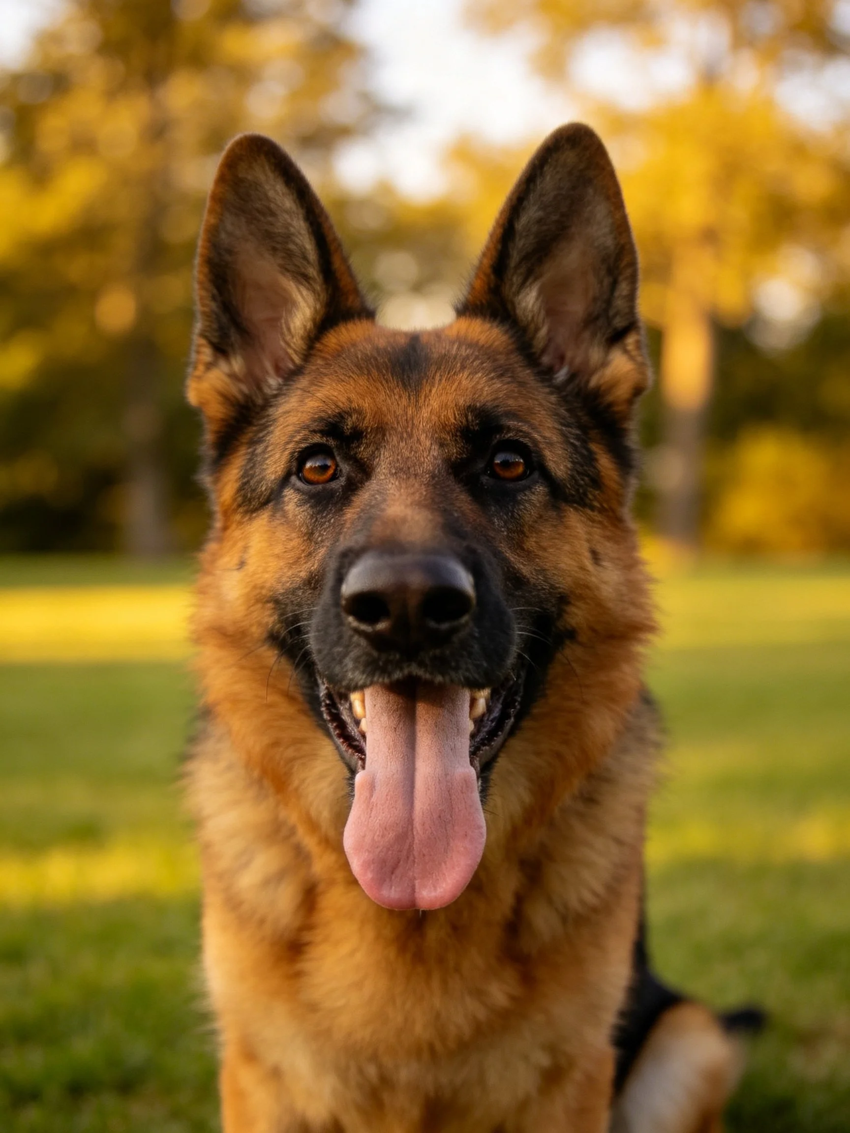 A German Shepherd dog is photographed in a sunlit outdoor setting.