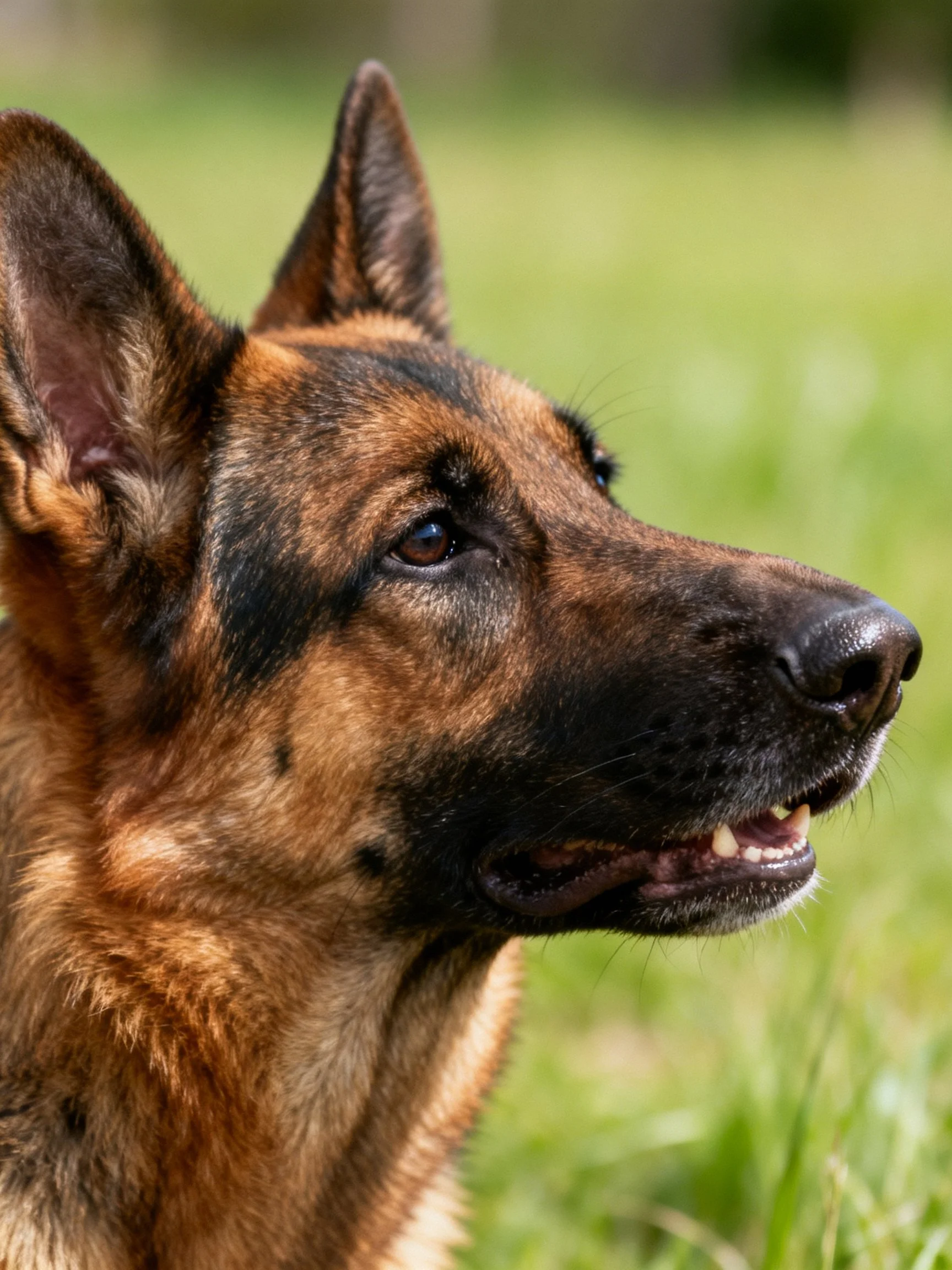A German Shepherd dog with tan and black fur appears alert outdoors.