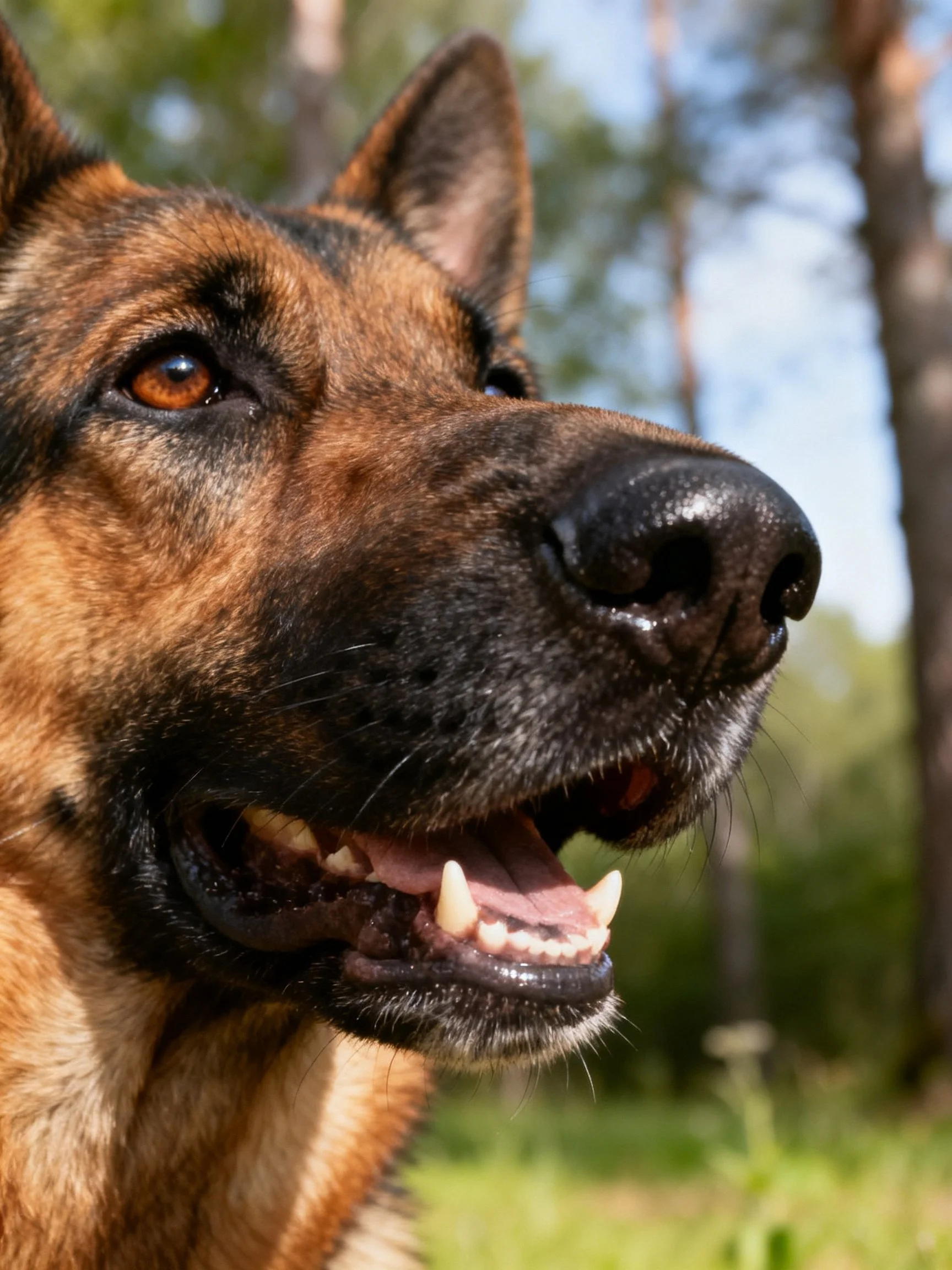 A German Shepherd dog is photographed in a natural outdoor setting.