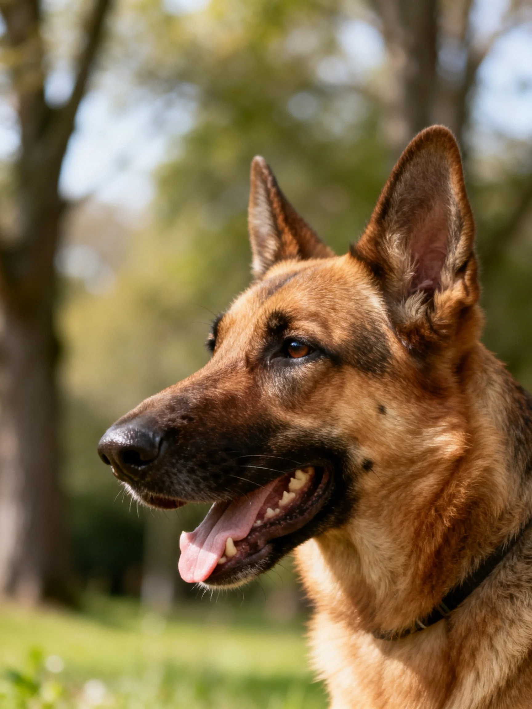 A German Shepherd dog is outdoors near trees, appearing alert.