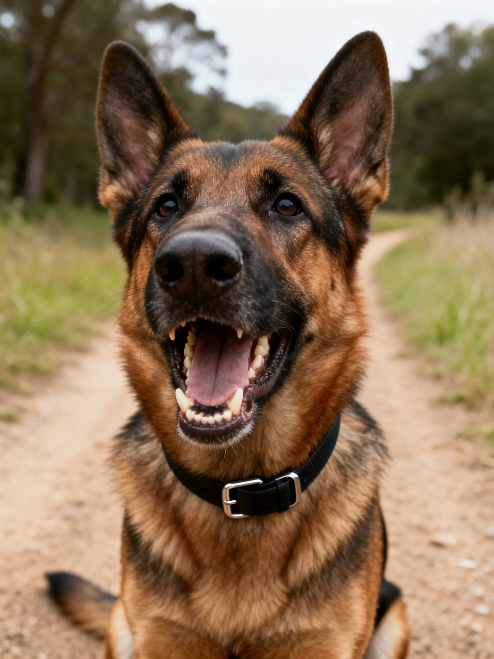 A German Shepherd dog sits on a dirt path with its mouth open.