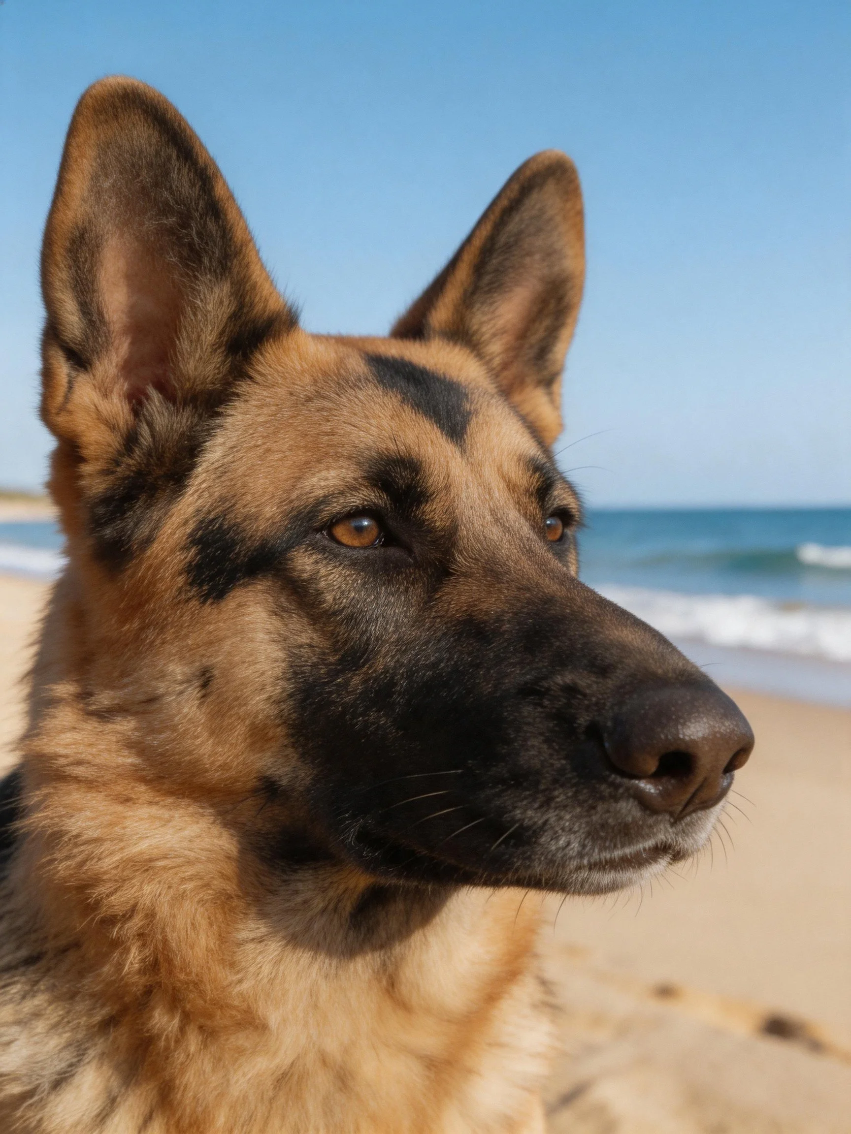 A German Shepherd dog gazes toward the ocean from a sandy beach.