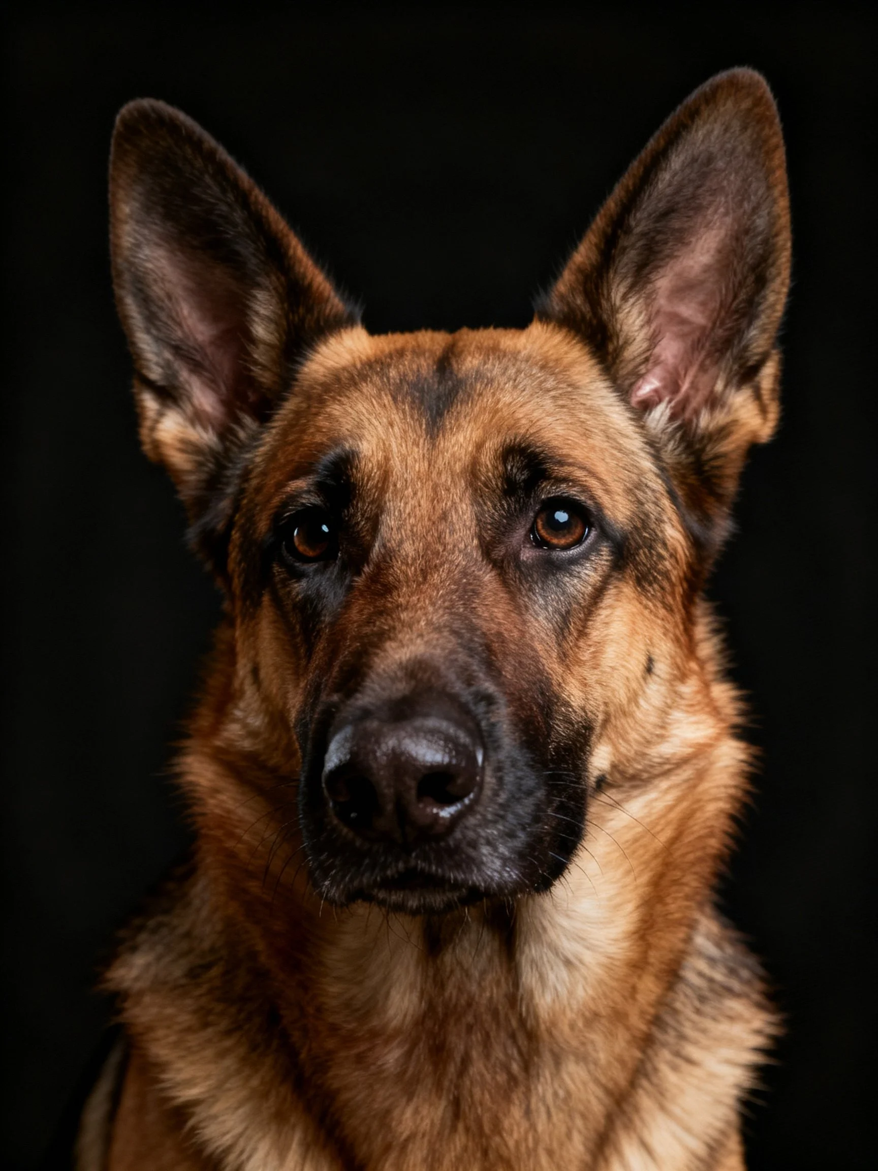 Close-up portrait of a German Shepherd dog with a solid black background.