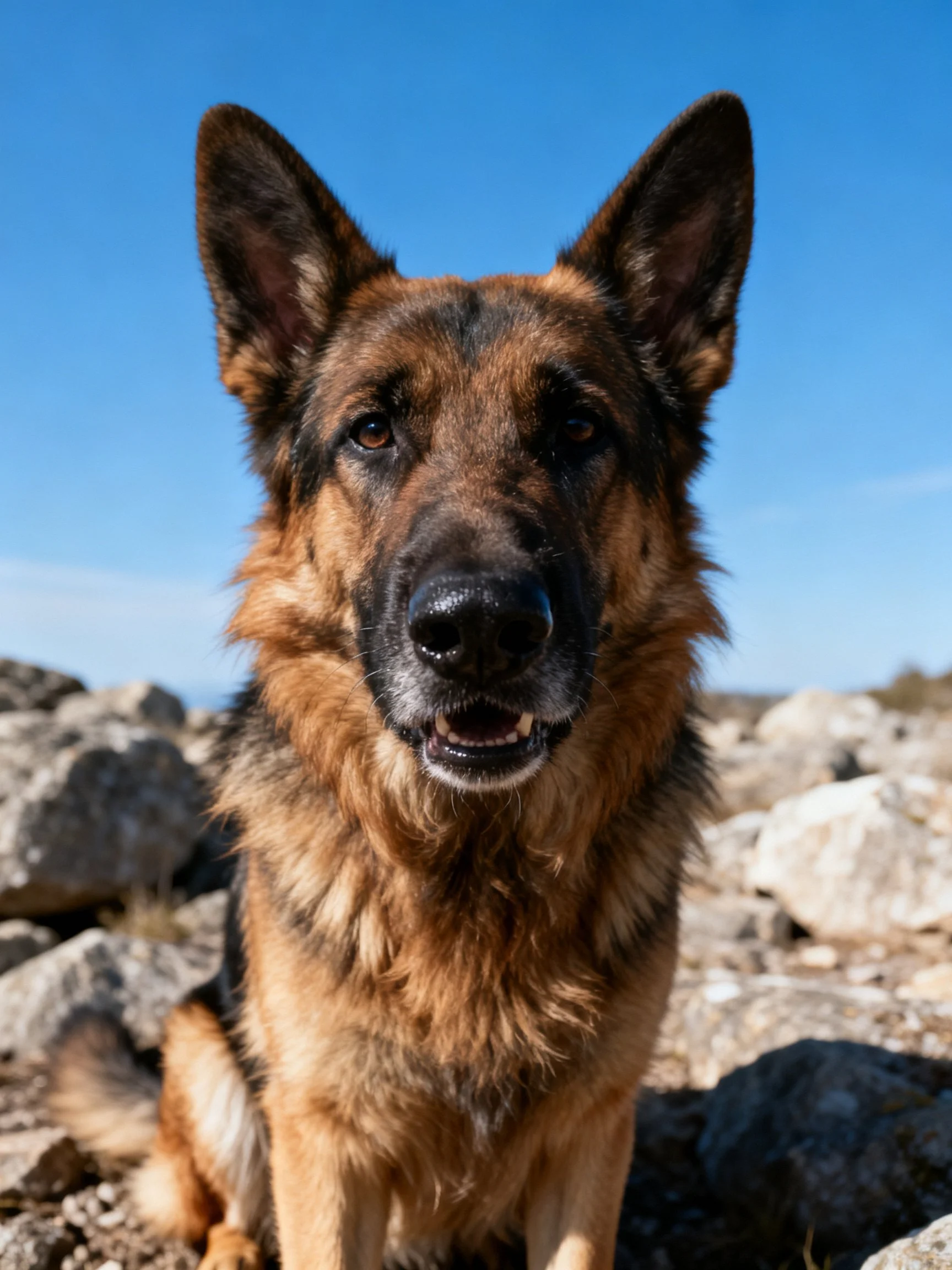 A German Shepherd dog with tan and black fur sits among rocky terrain