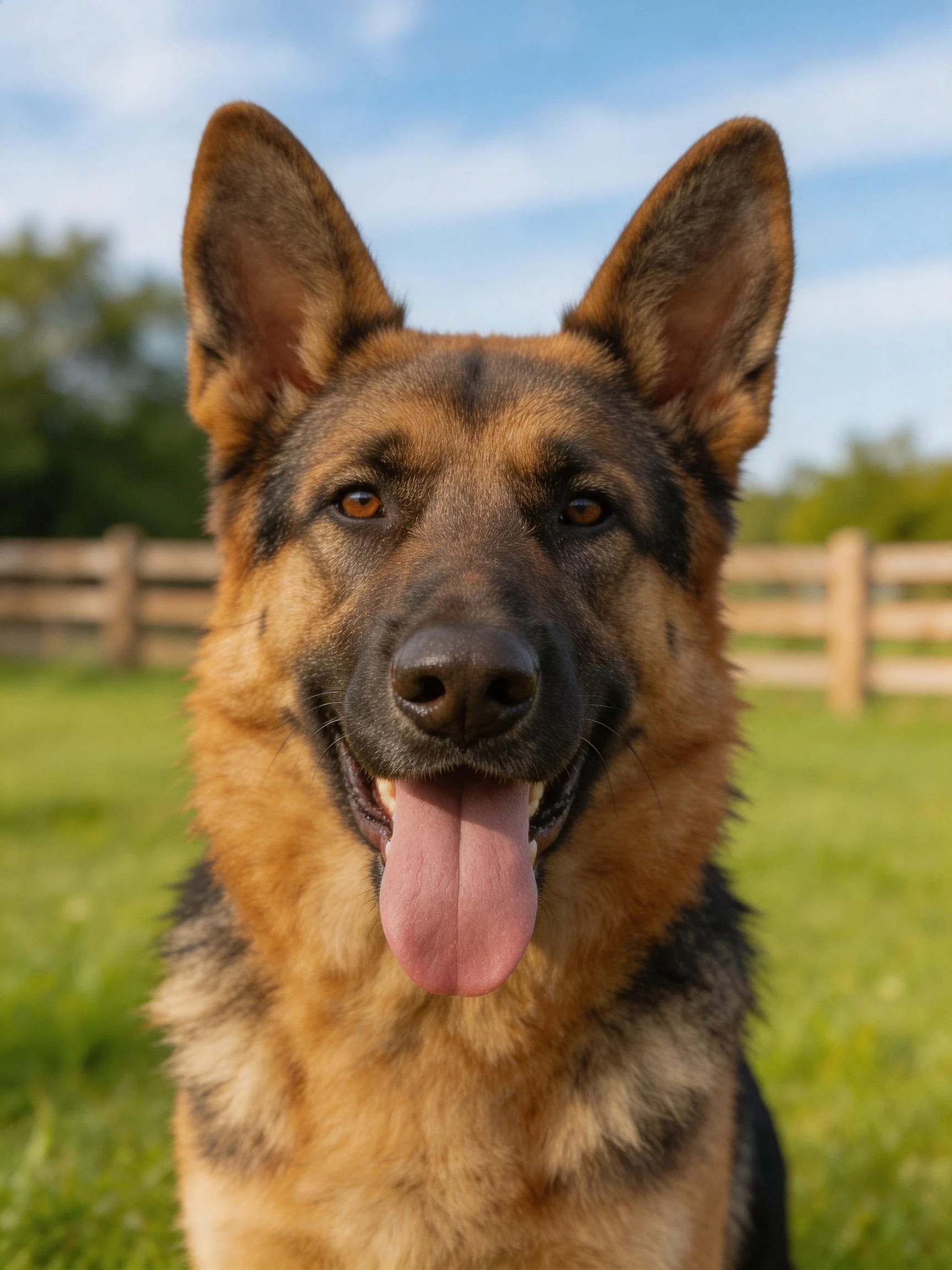 A German Shepherd dog stands happily in a sunny outdoor environment.