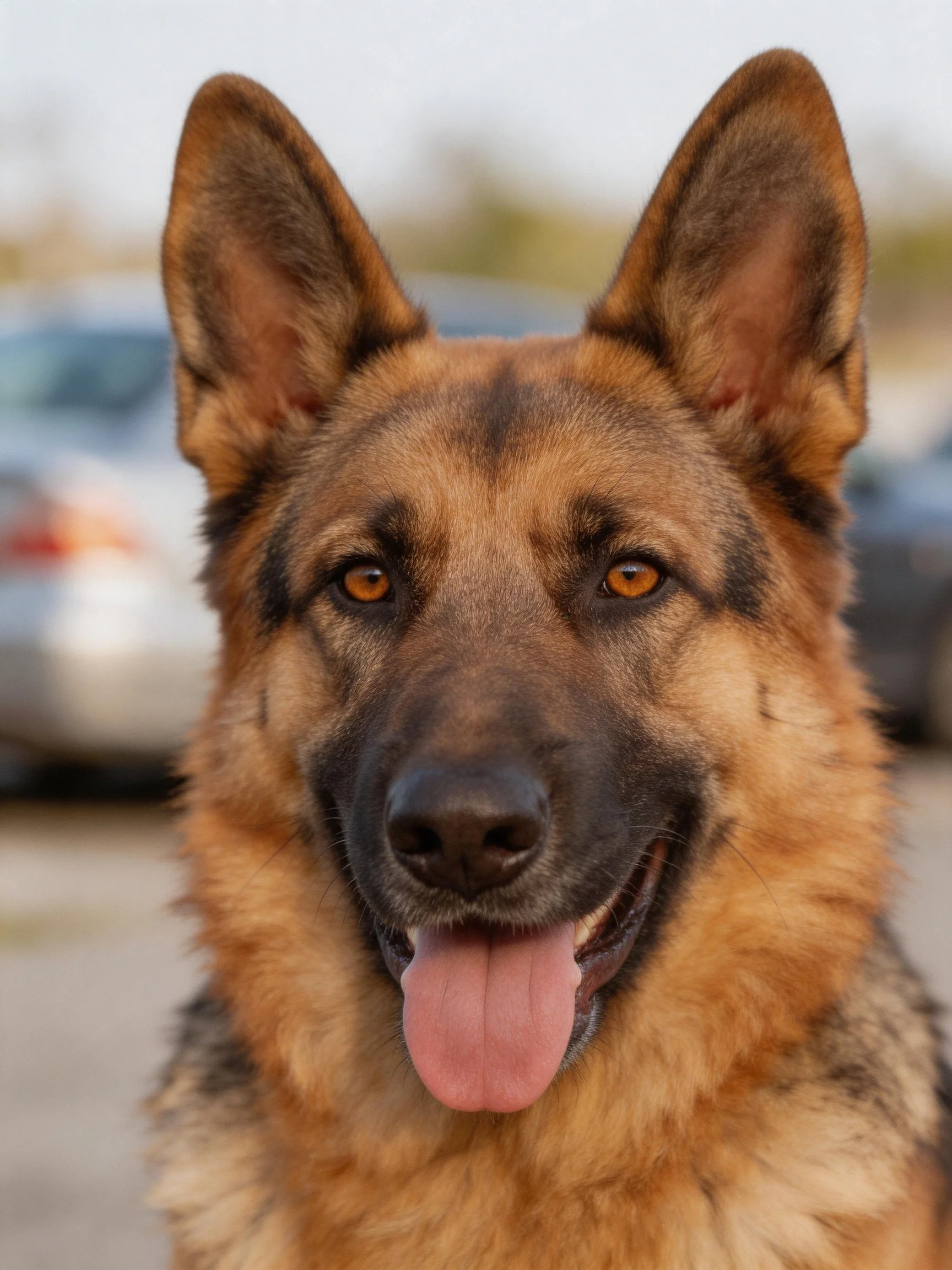 A cheerful German Shepherd dog with tan and black fur stands outdoors near blurred cars.