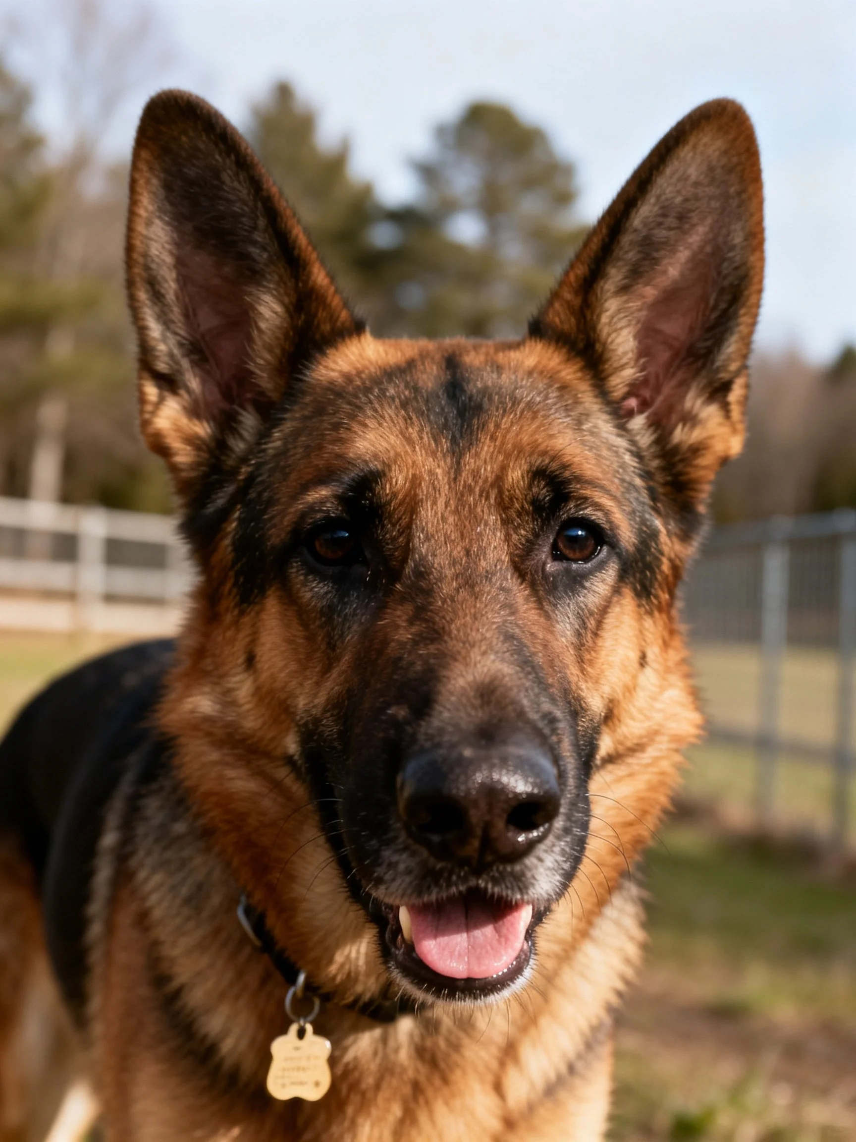 A German Shepherd dog stands outdoors with an alert expression.