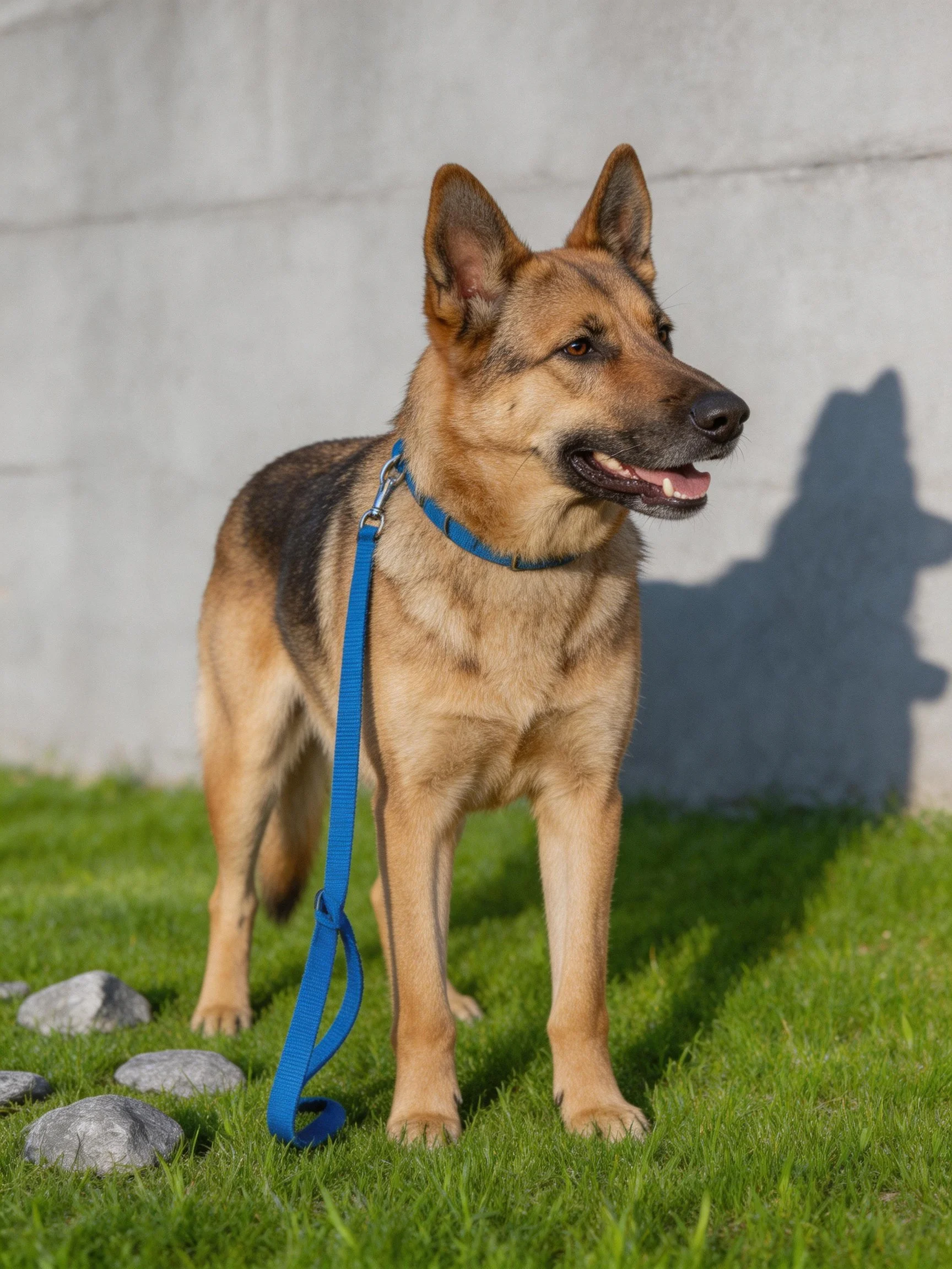 A German Shepherd dog stands on green grass with a blue harness near rocks and a concrete wall