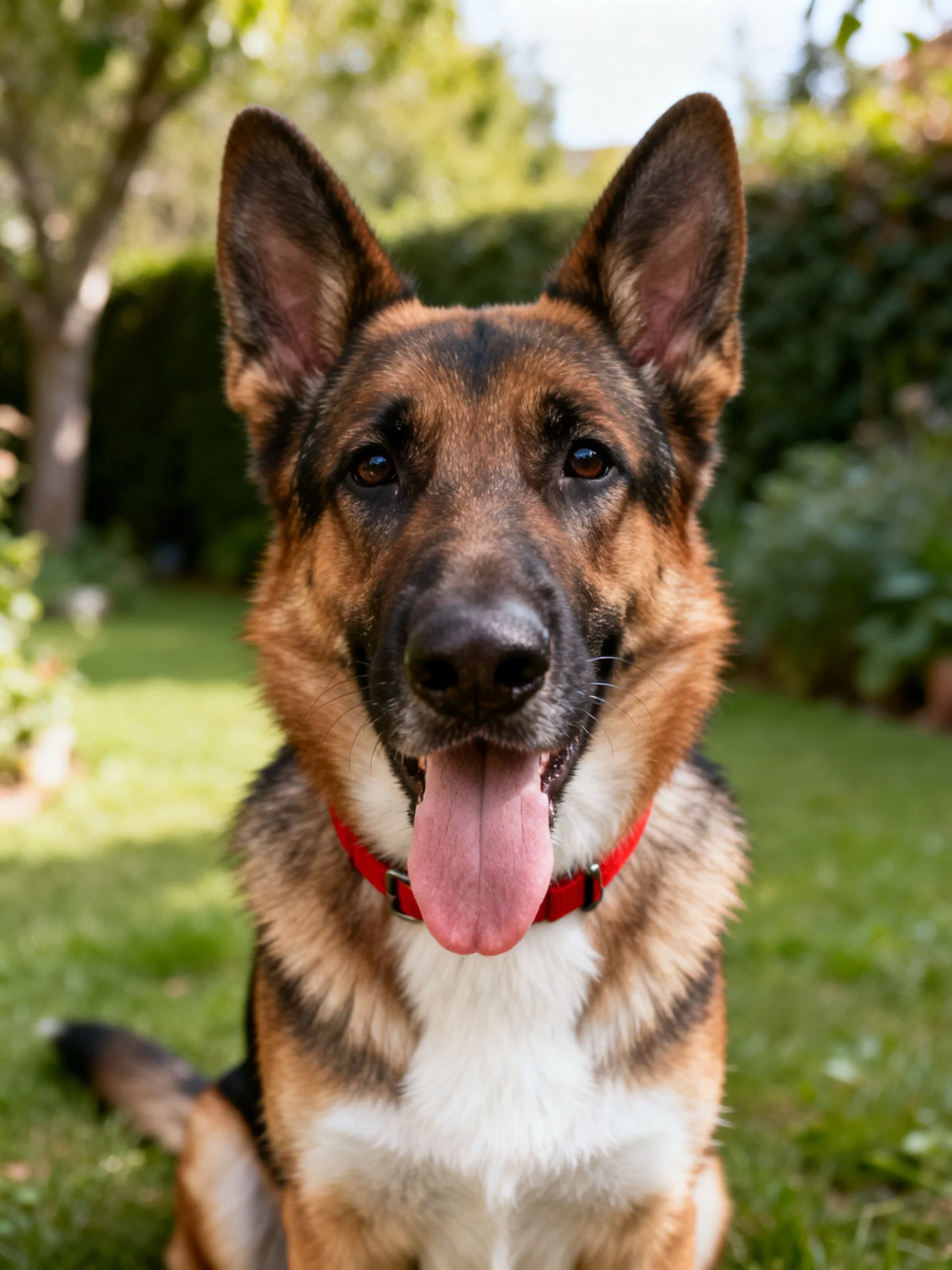 An adult German Shepherd dog sits contentedly in a sunlit garden.
