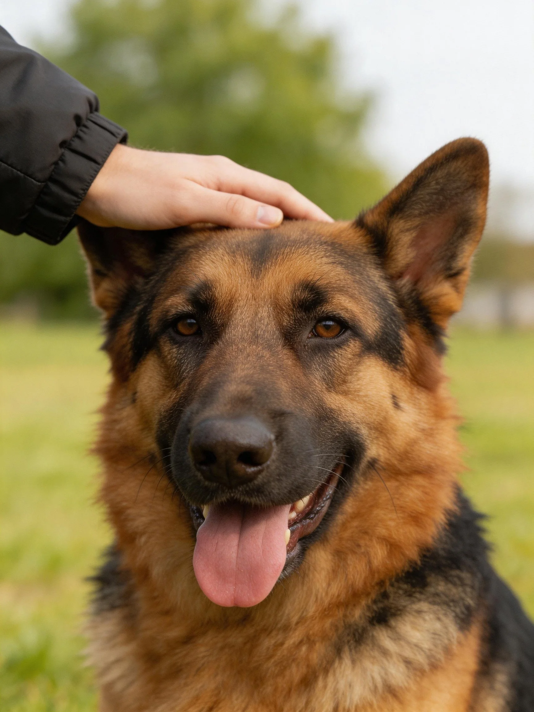 A German Shepherd dogwith black and tan fur being petted by a hand