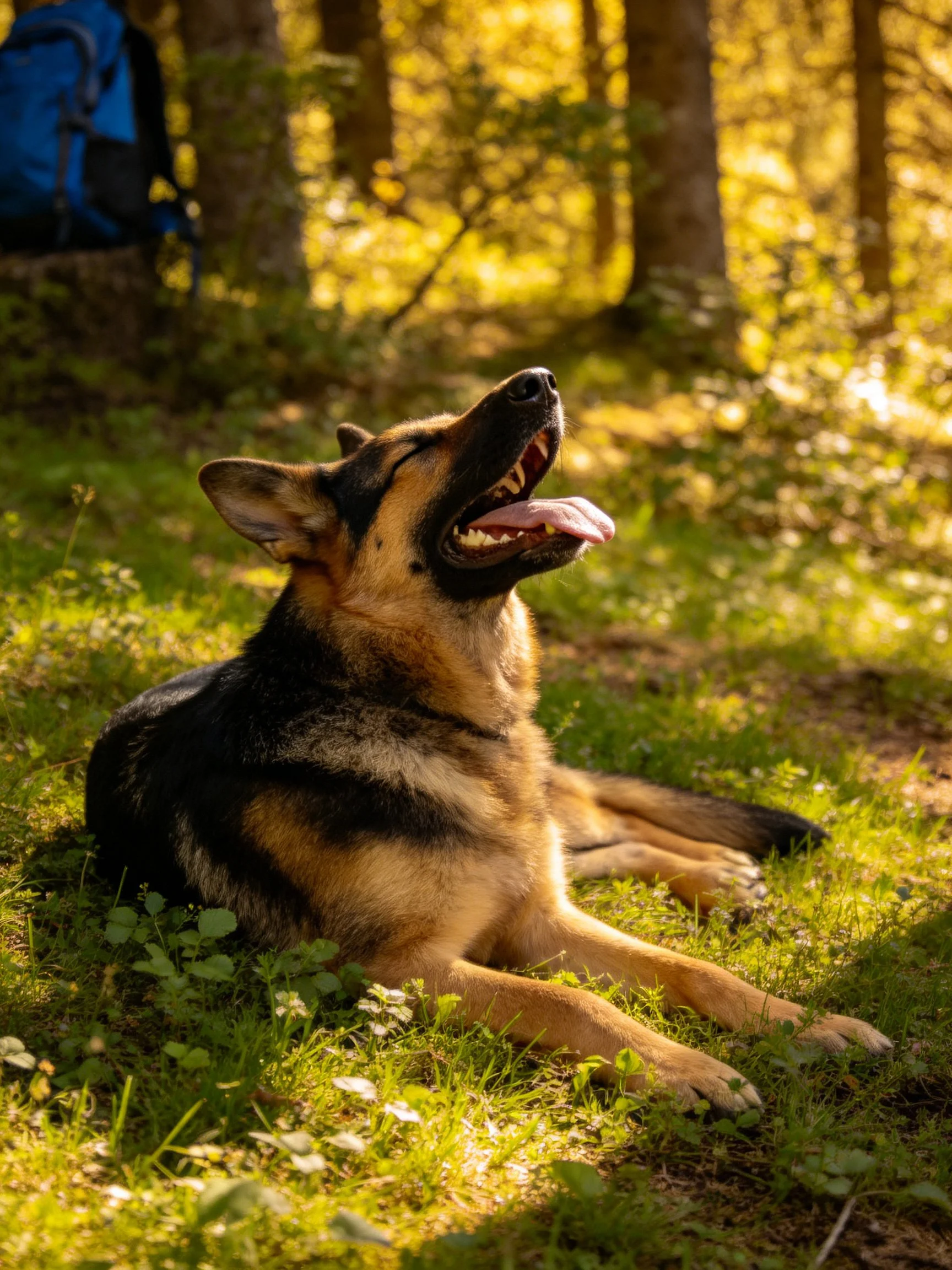 A German Shepherd enjoys the sunshine in a sunlit forest clearing