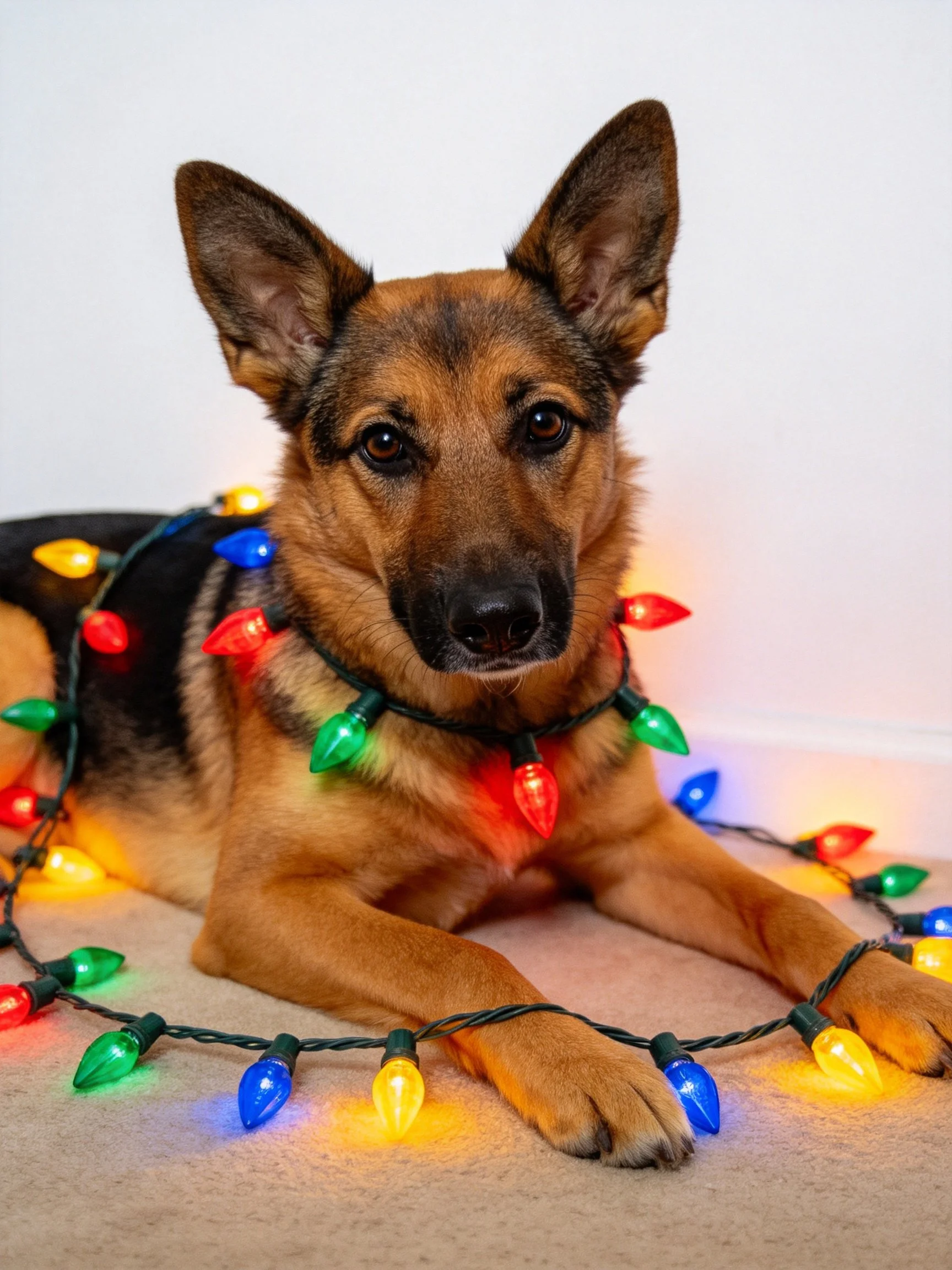 A German Shepherd rests on carpet wrapped in colorful holiday string lights.
