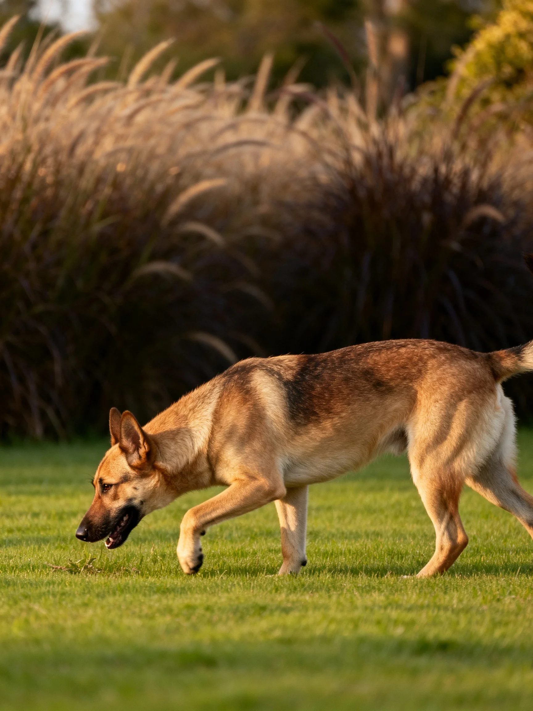 A German Shepherd explores a sunlit green lawn near tall ornamental grasses