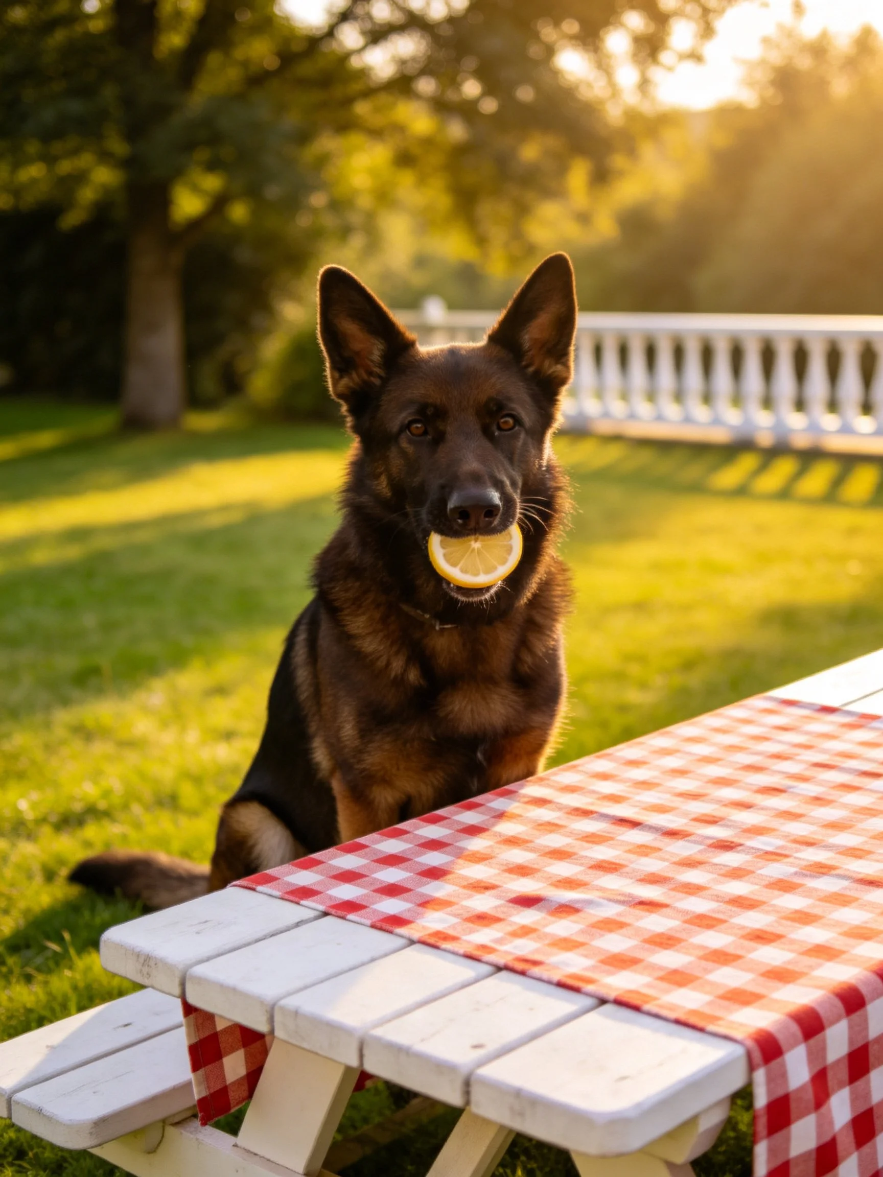 A German Shepherd holds a lemon by a picnic table in asunlit garden