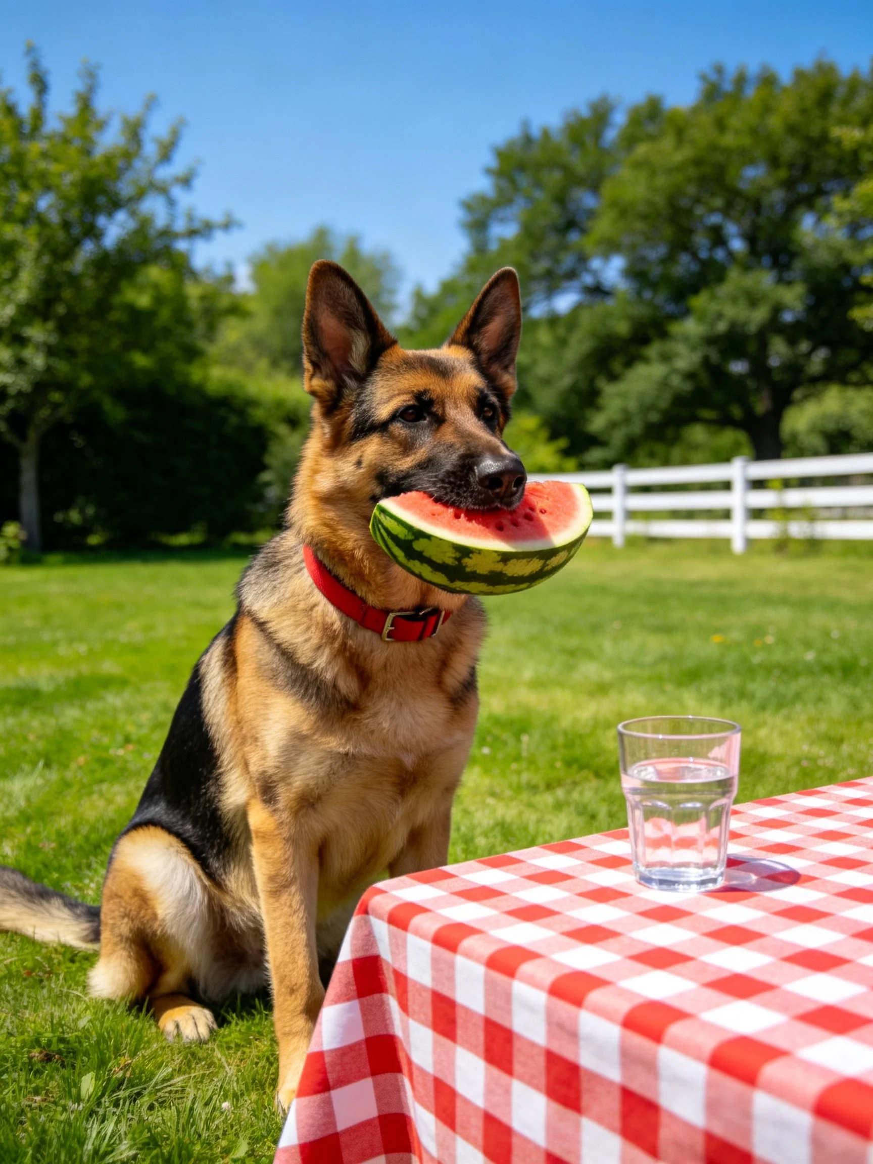 A German Shepherd carries a watermelon slice beside a red-and-white picnic table in a sunny outdoor setting.