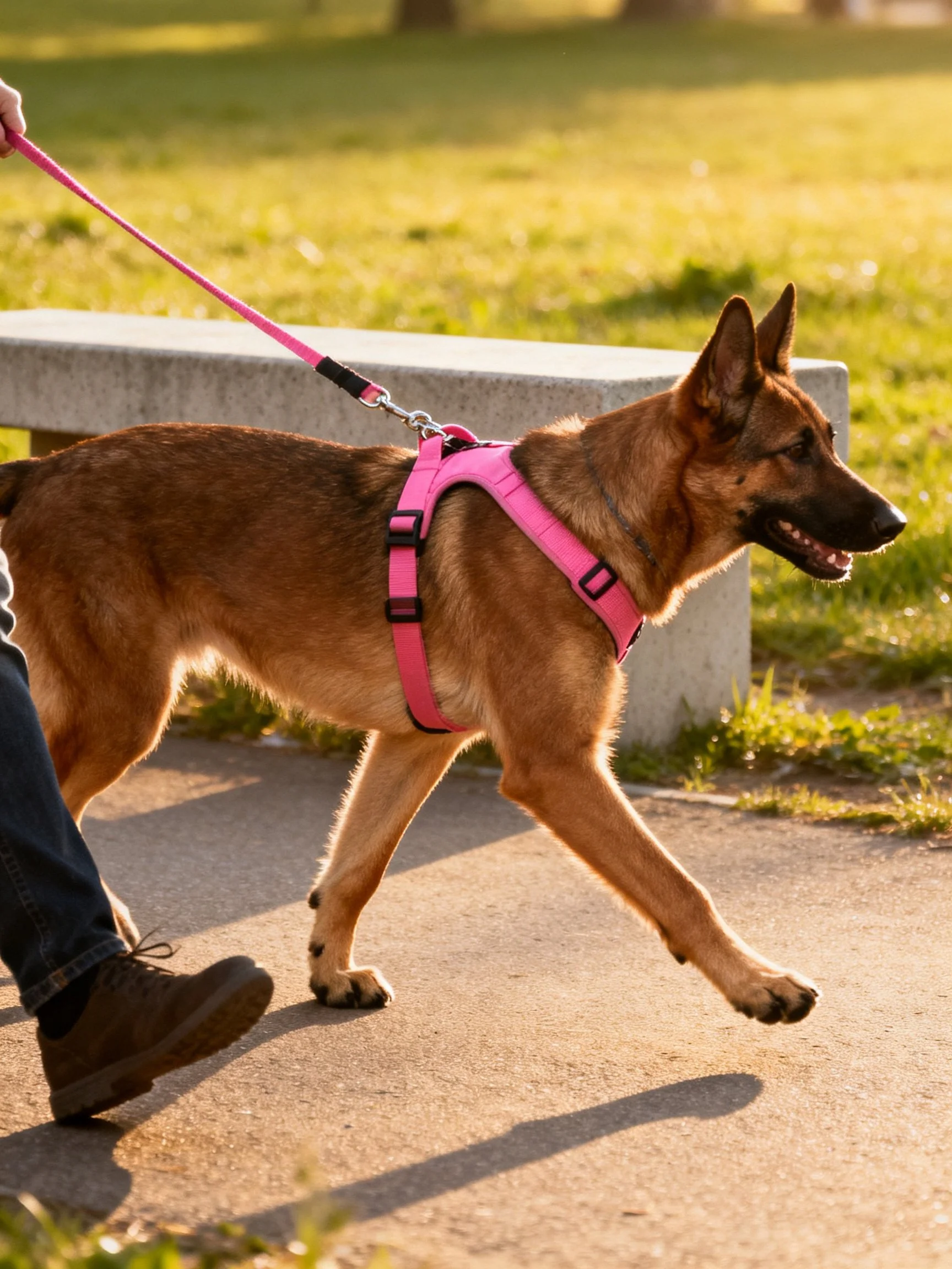 A German Shepherd in a pink harness walks along a sunny park path.