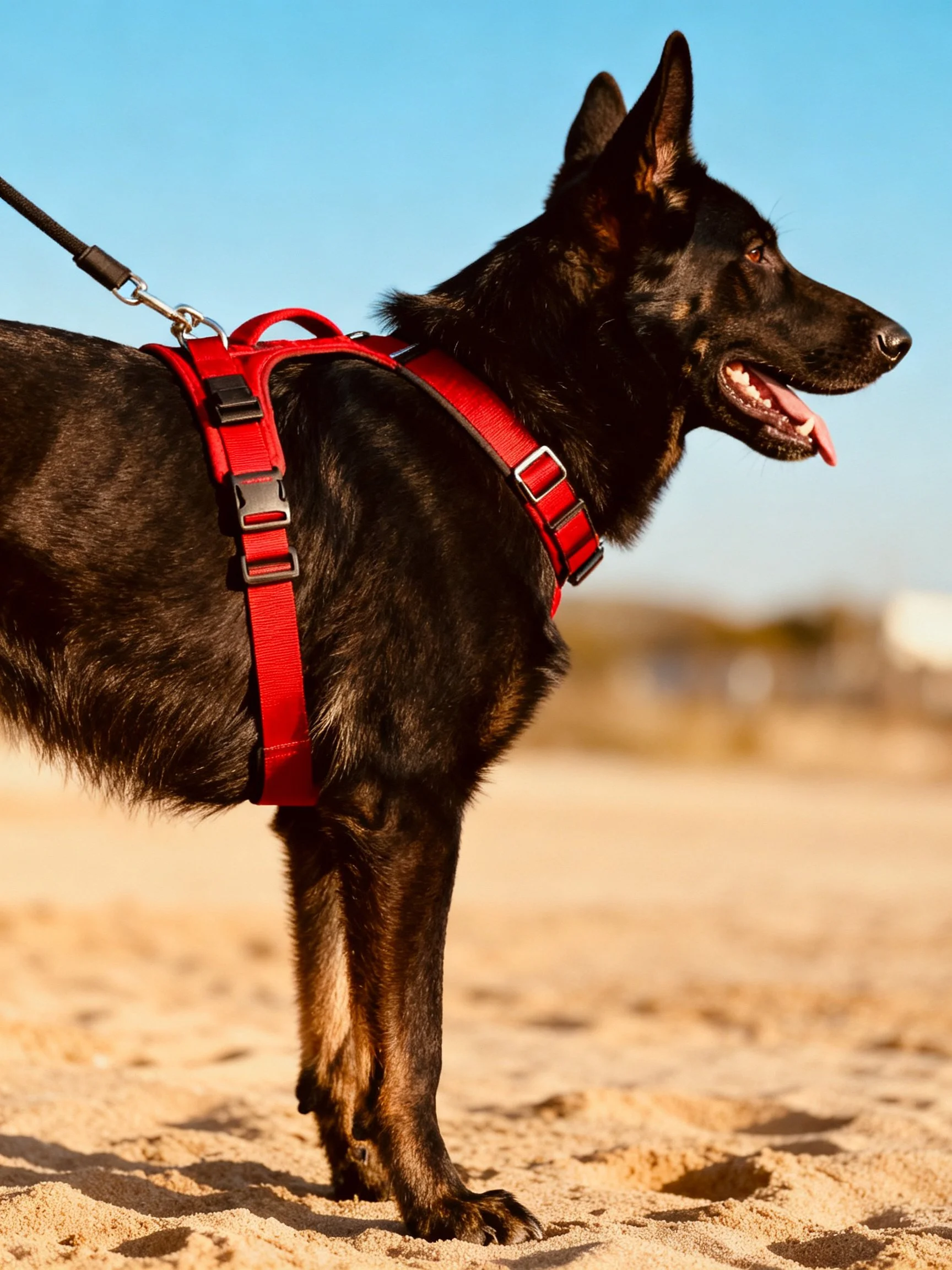 A German Shepherd in a bright red harness stands on sandy terrain