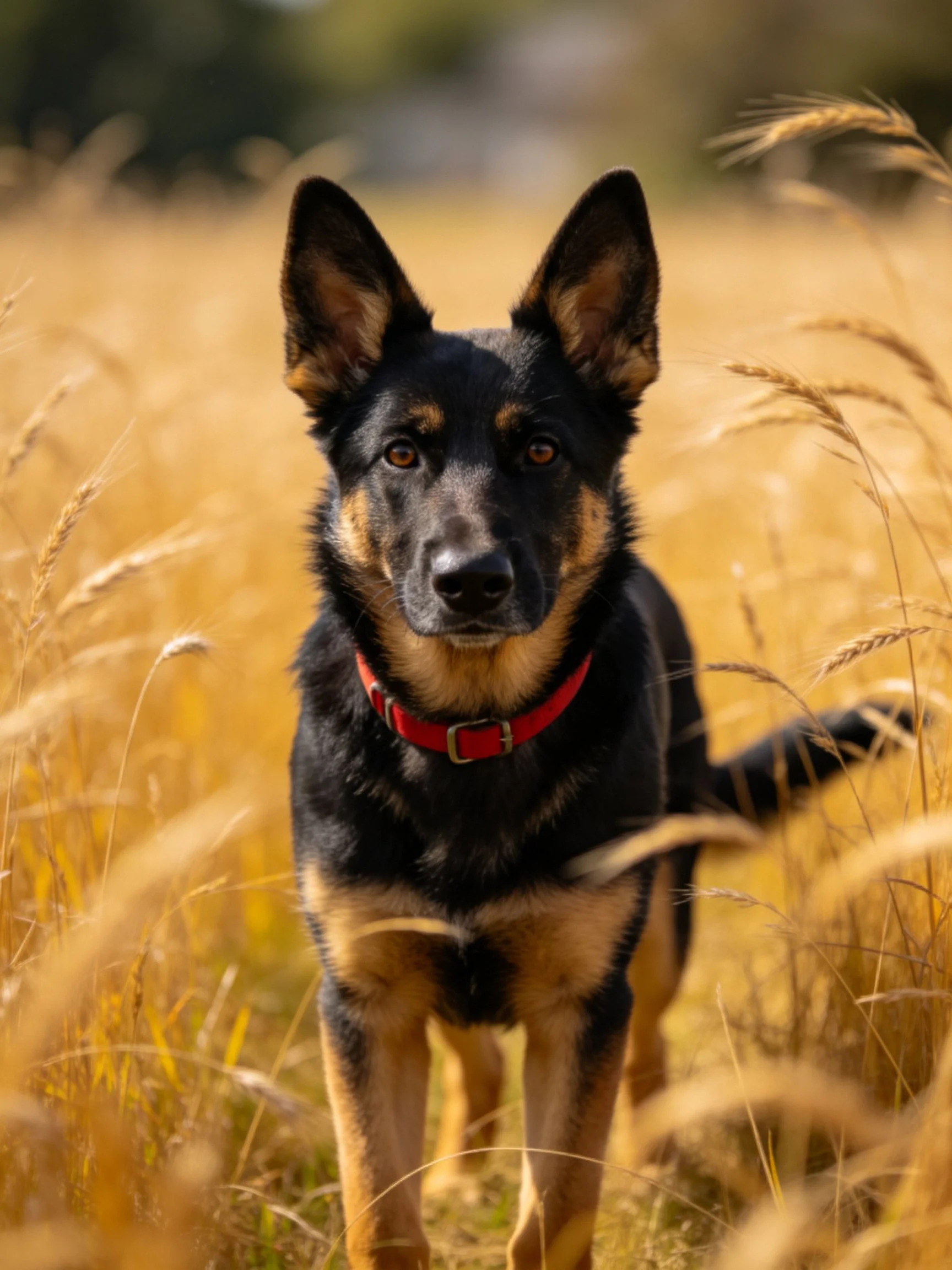 A German Shepherd in a golden wheat field with a red collar