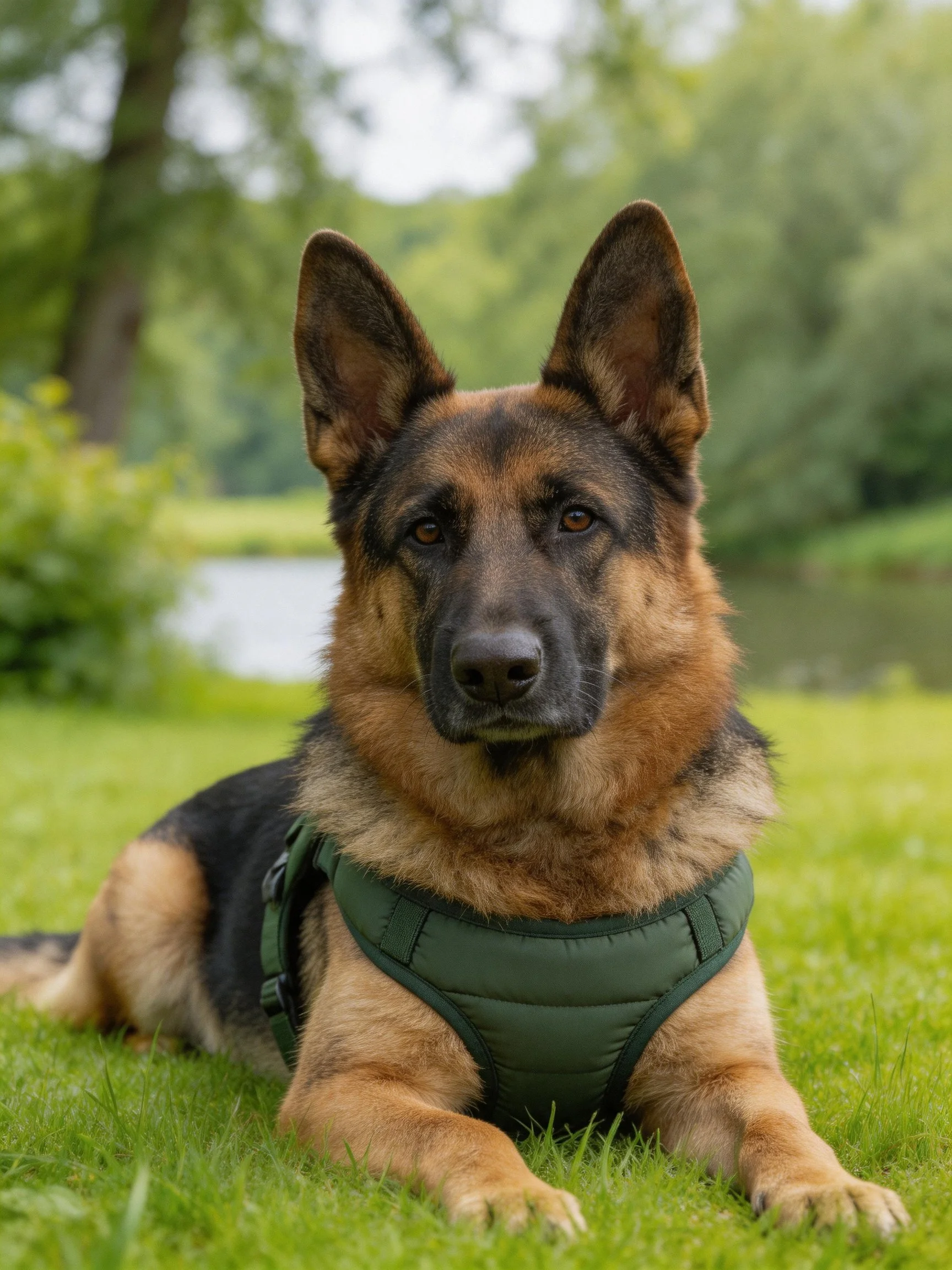 A German Shepherd in a green harness rests on grass near trees