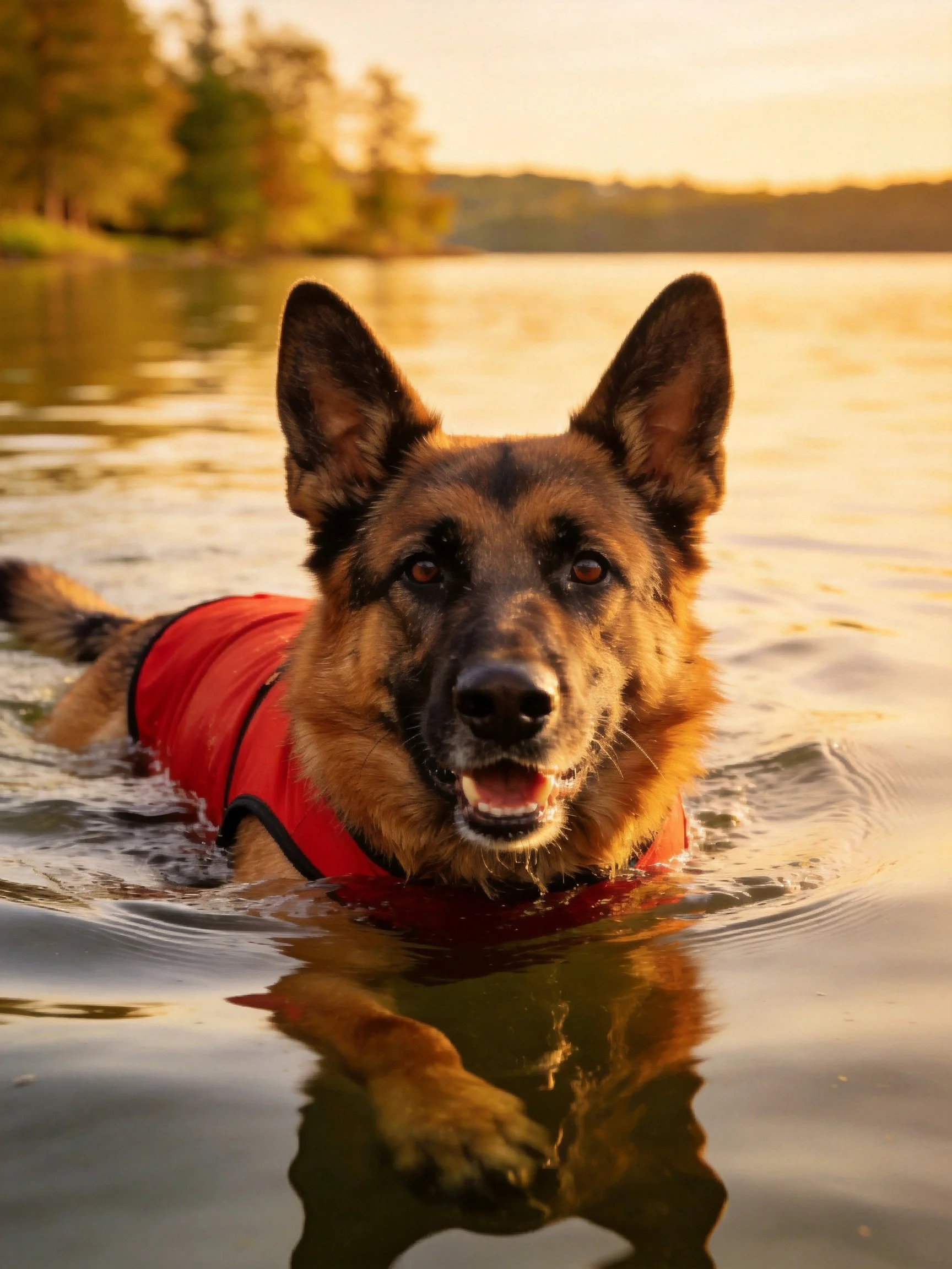 A German Shepherd in a red life vest swims in serene lake waters