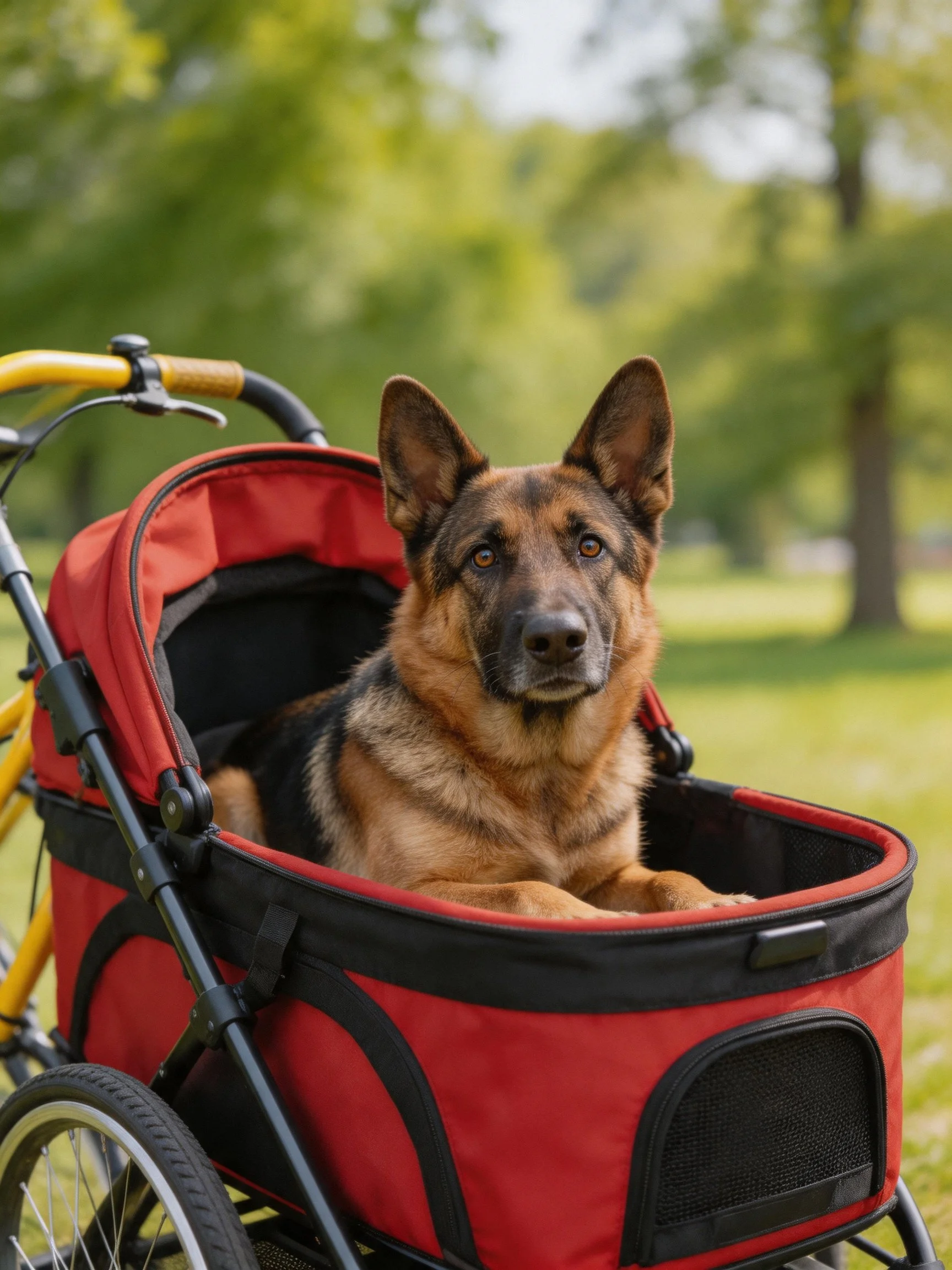 A German Shepherd in a red pet stroller near a yellow bike