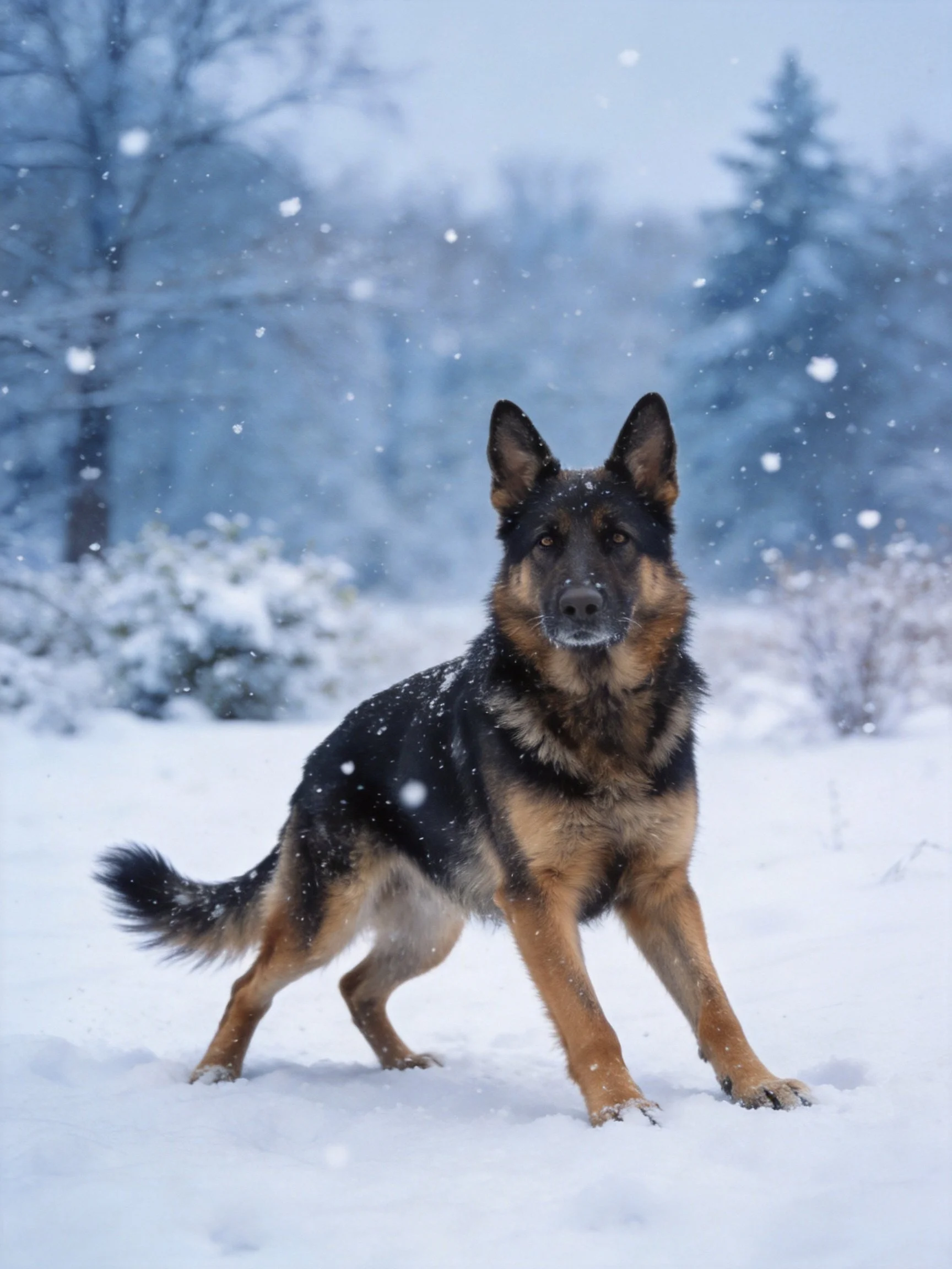 A German Shepherd in a snow-draped winter landscape