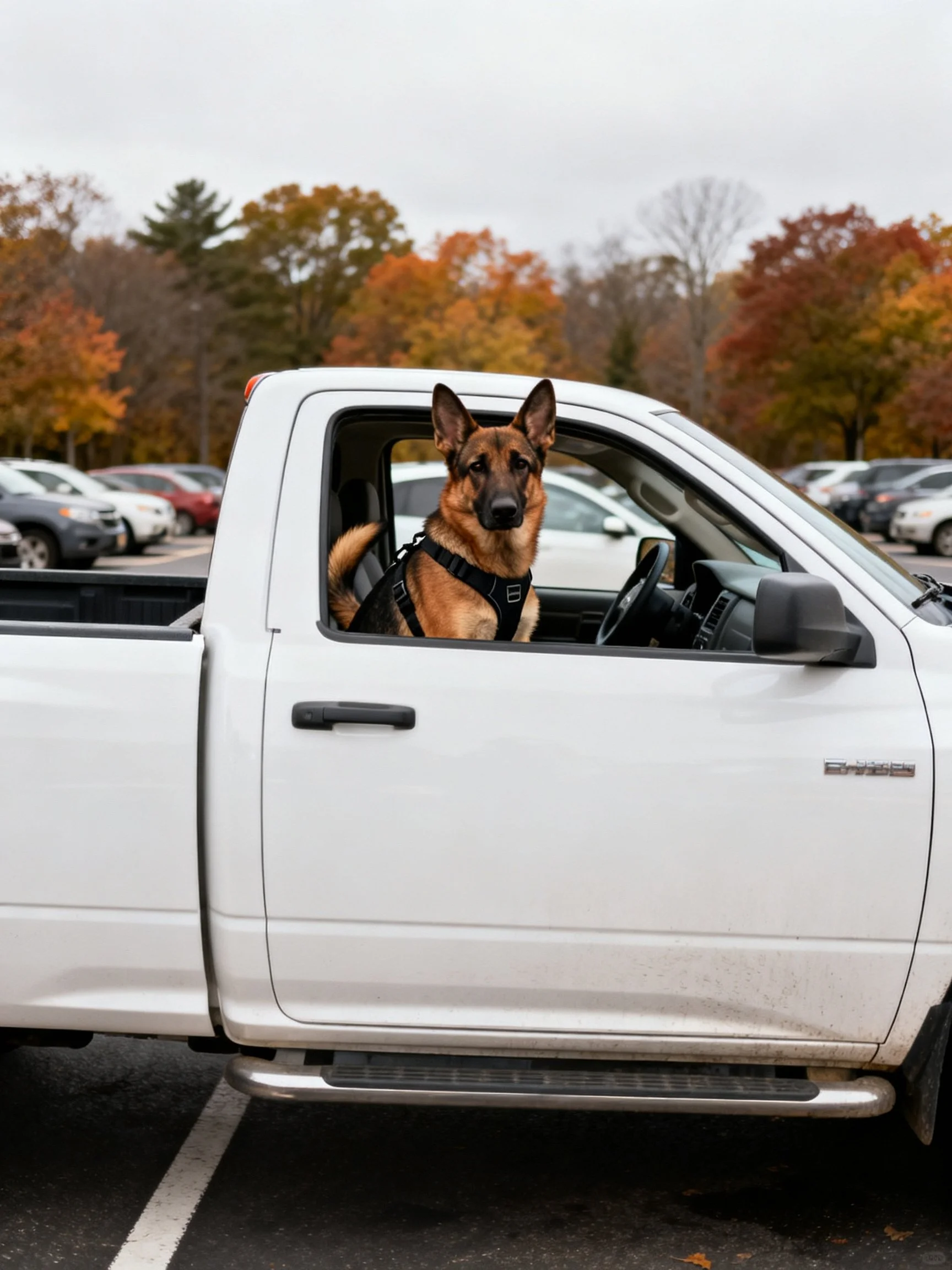 A German Shepherd in a white pickup trucks open window