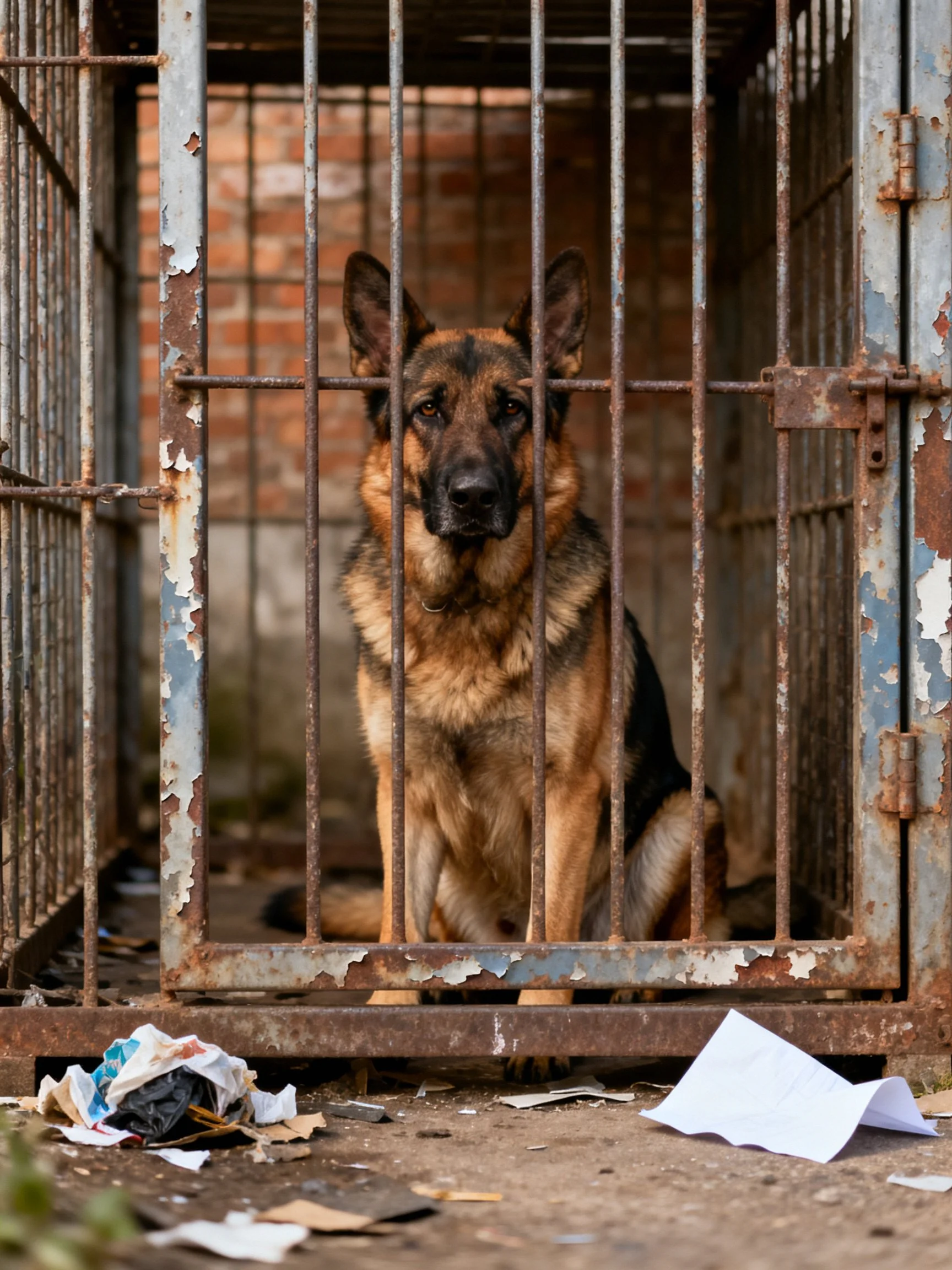 A German Shepherd in an old, rusted metal cage