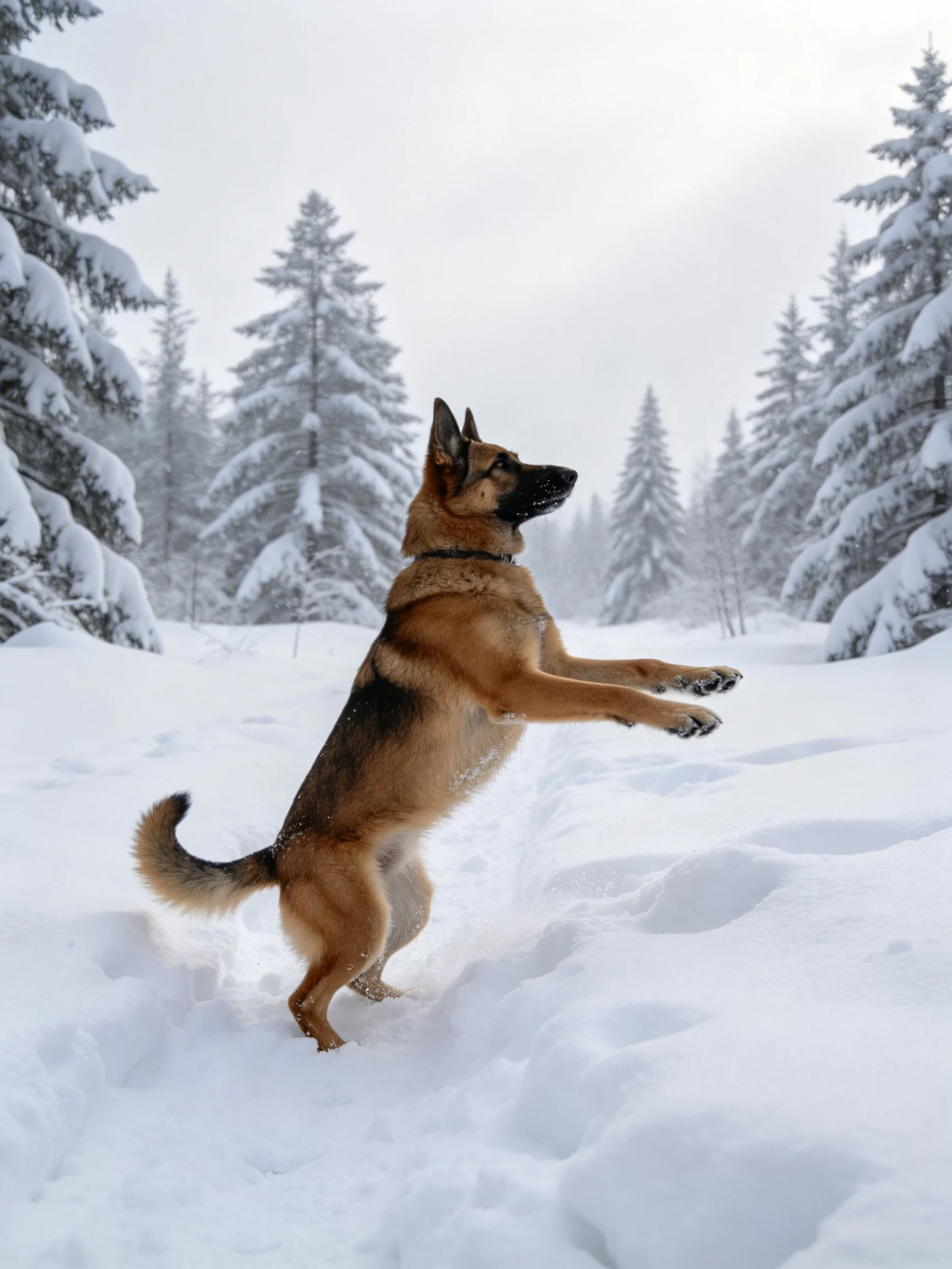 A German Shepherd jumps in a snow-filled forest with snow-laden trees