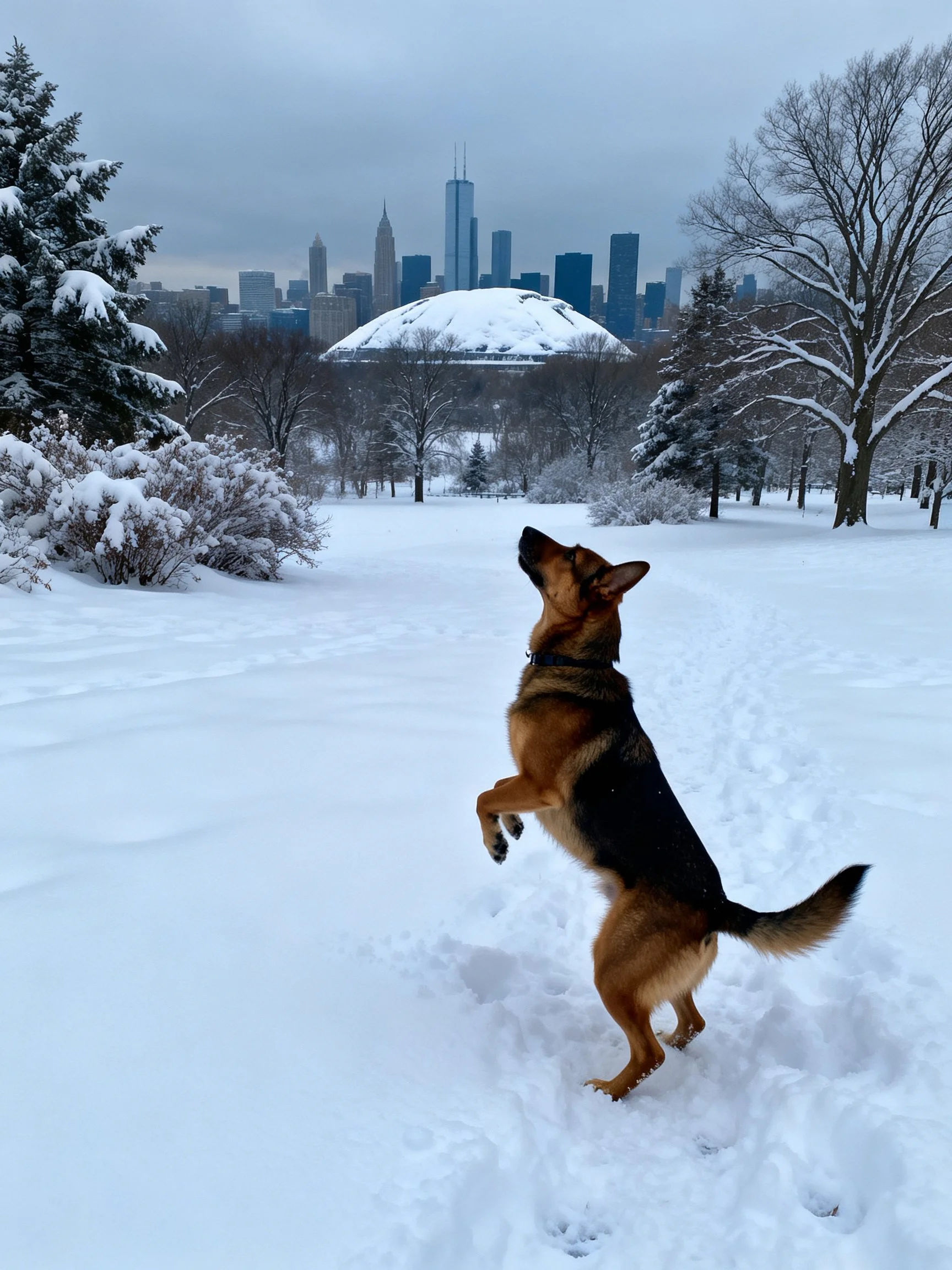 A German Shepherd leaps in a snow - covered park near an urban skyline.