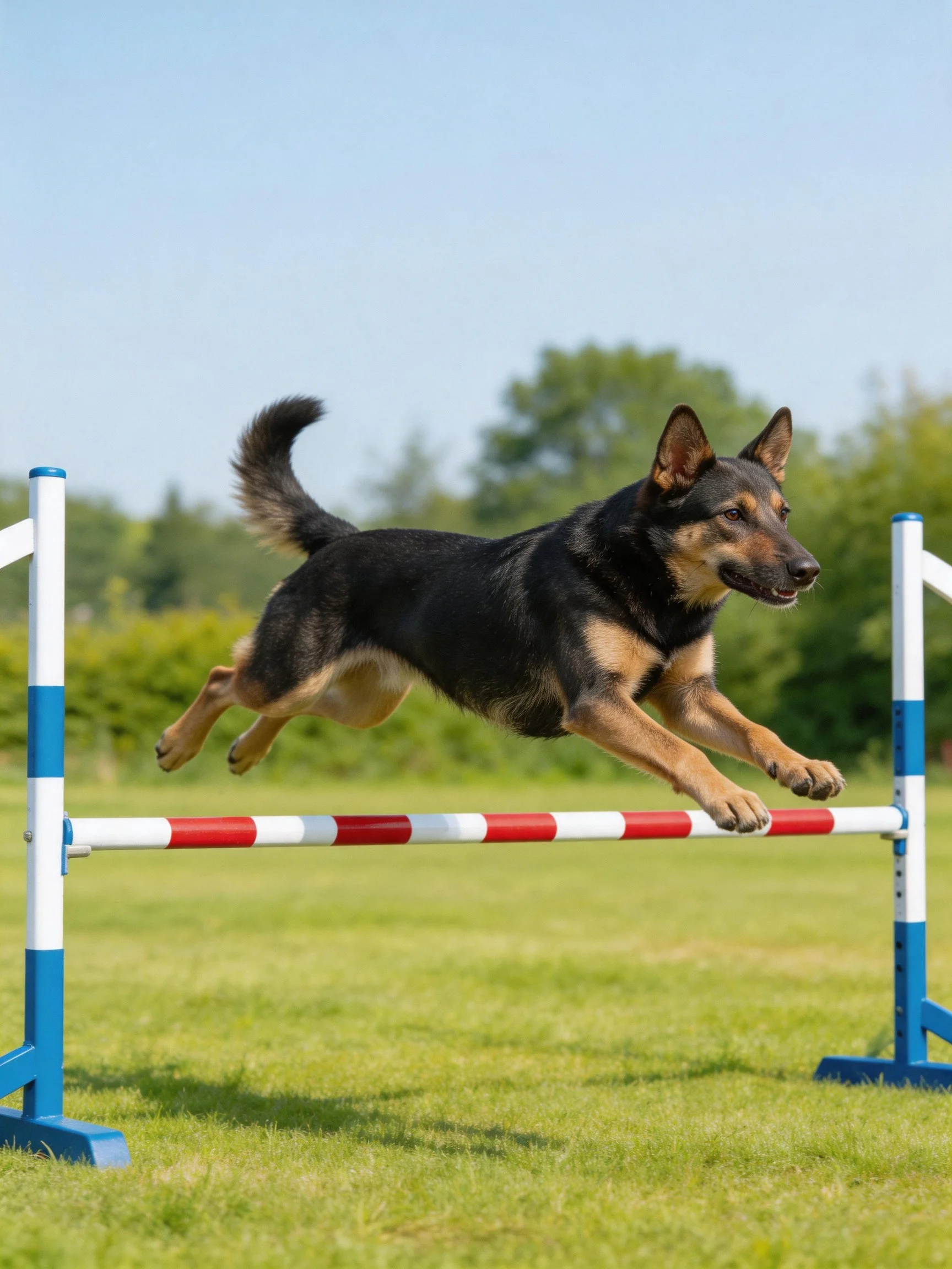 A German Shepherd clears an obstacle during an agility exercise.