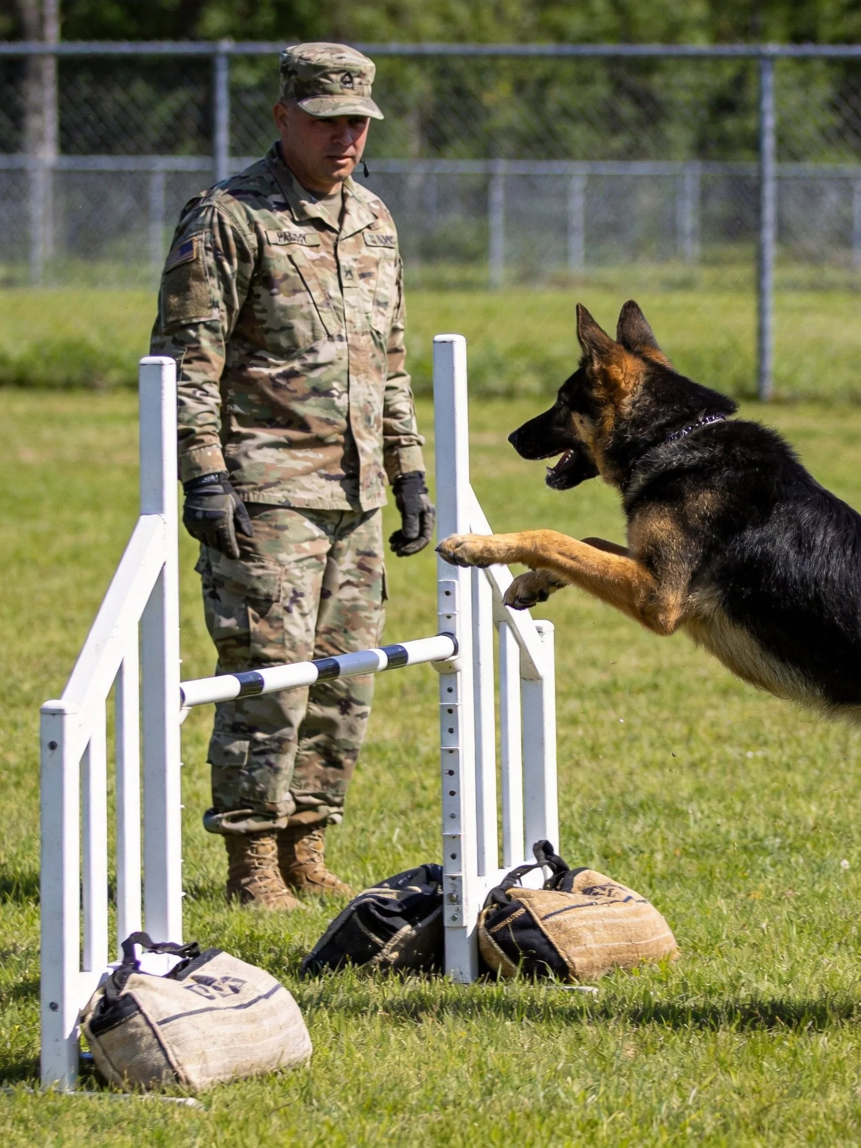 A German Shepherd clears a training obstacle while a soldier observes