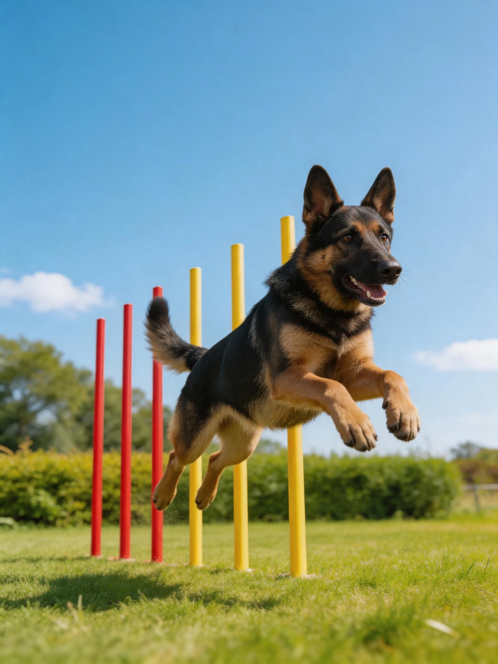 A German Shepherd jumps over red and yellow agility poles