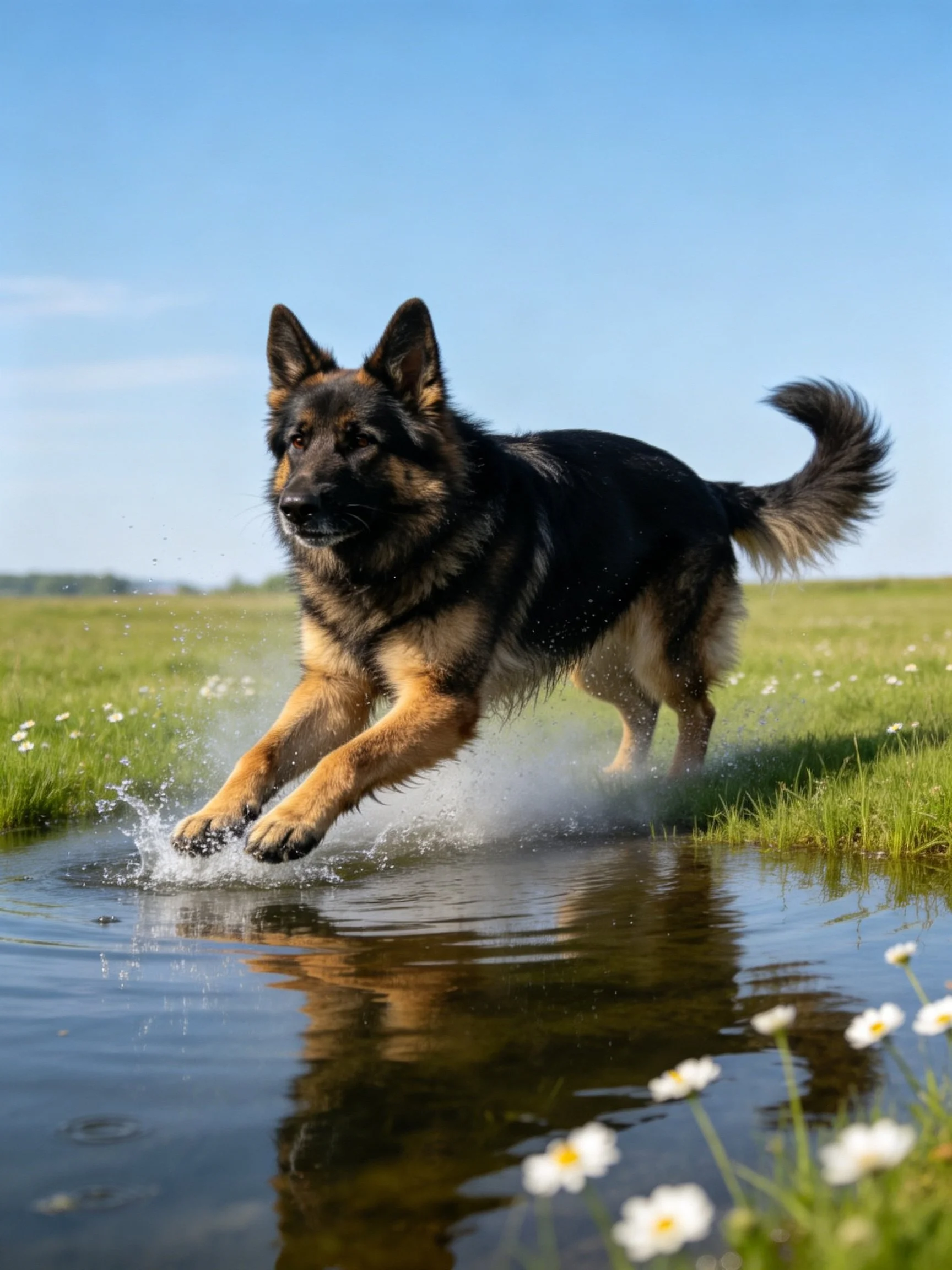 A German Shepherd leaping through a shallow stream in a sunny meadow