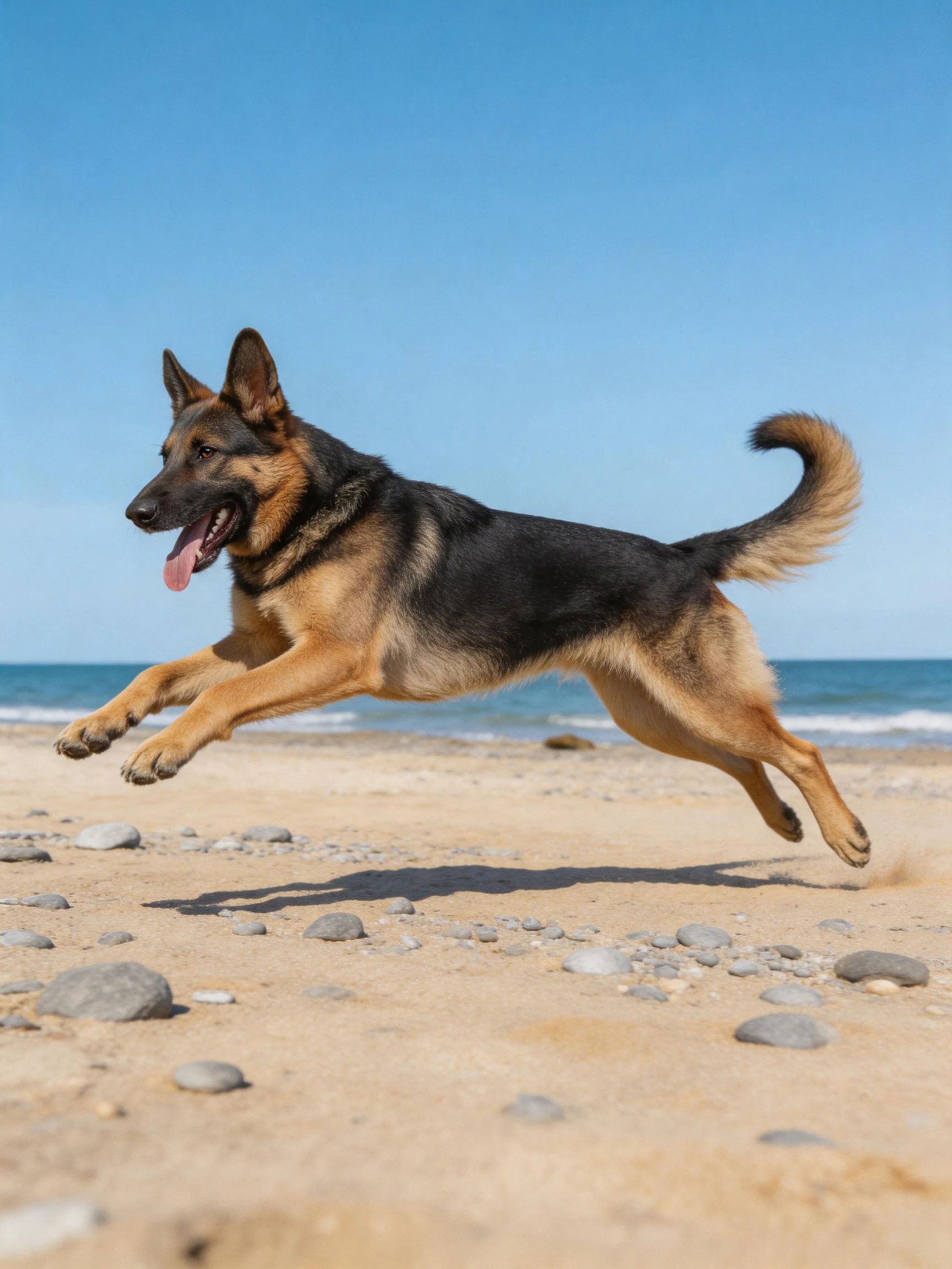 A German Shepherd leaps energetically on a sandy beach