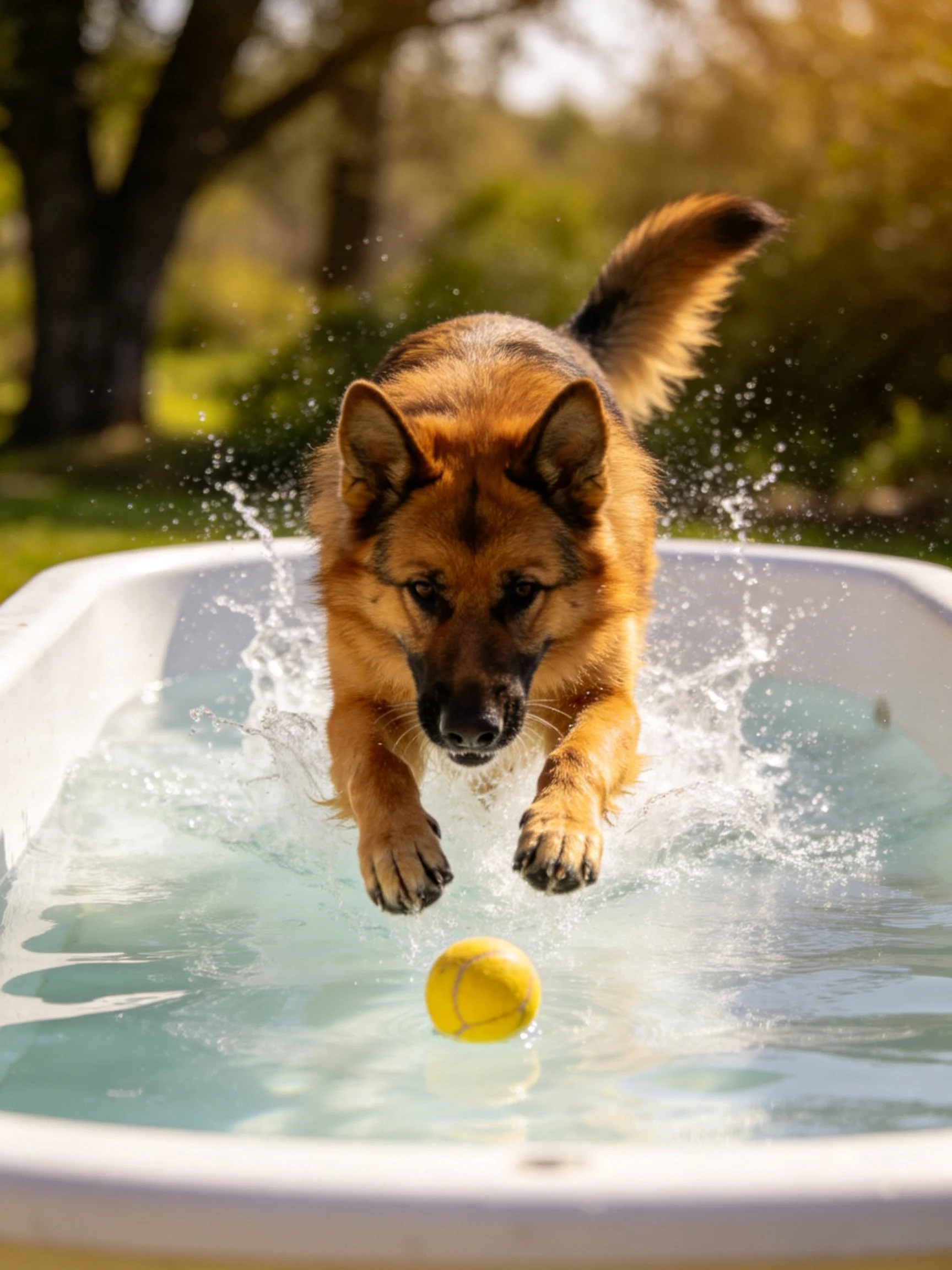 A German Shepherd jumps toward a yellow ball in a white tub of water.